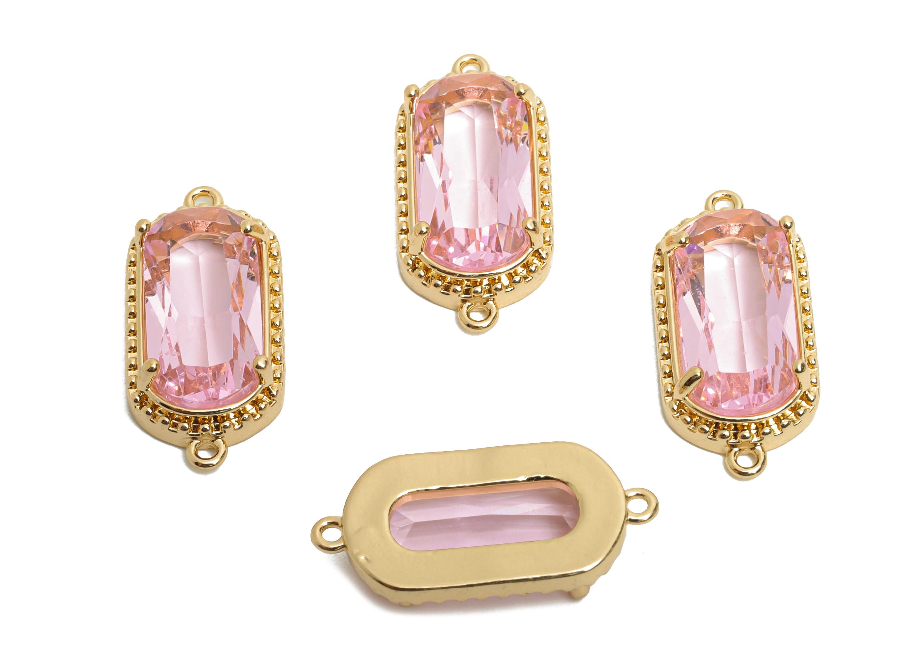Brass Crystal Connector - Dainty Pink Frame Pendant - Modern Oval Rectangular Stone Bracelet - KC Gold Tone Plated - 20x9x4mm - GS1301 - DOMEDBAZAAR