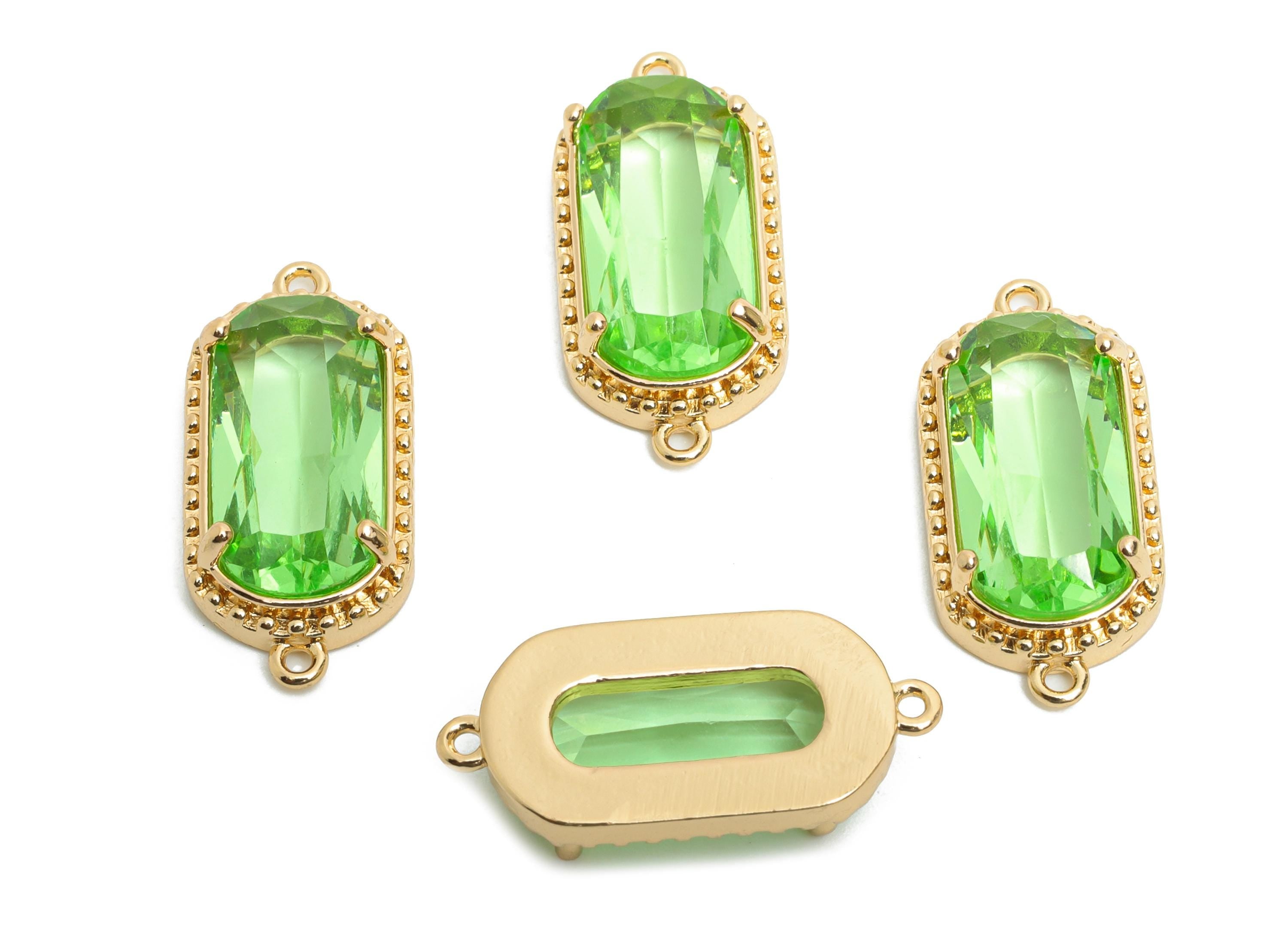 Brass Crystal Connector - Dainty Green Frame Pendant - Sparking Oval Rectangular Stone Bracelet - KC Gold Tone Plated - 20x9x4mm - GS1306 - DOMEDBAZAAR