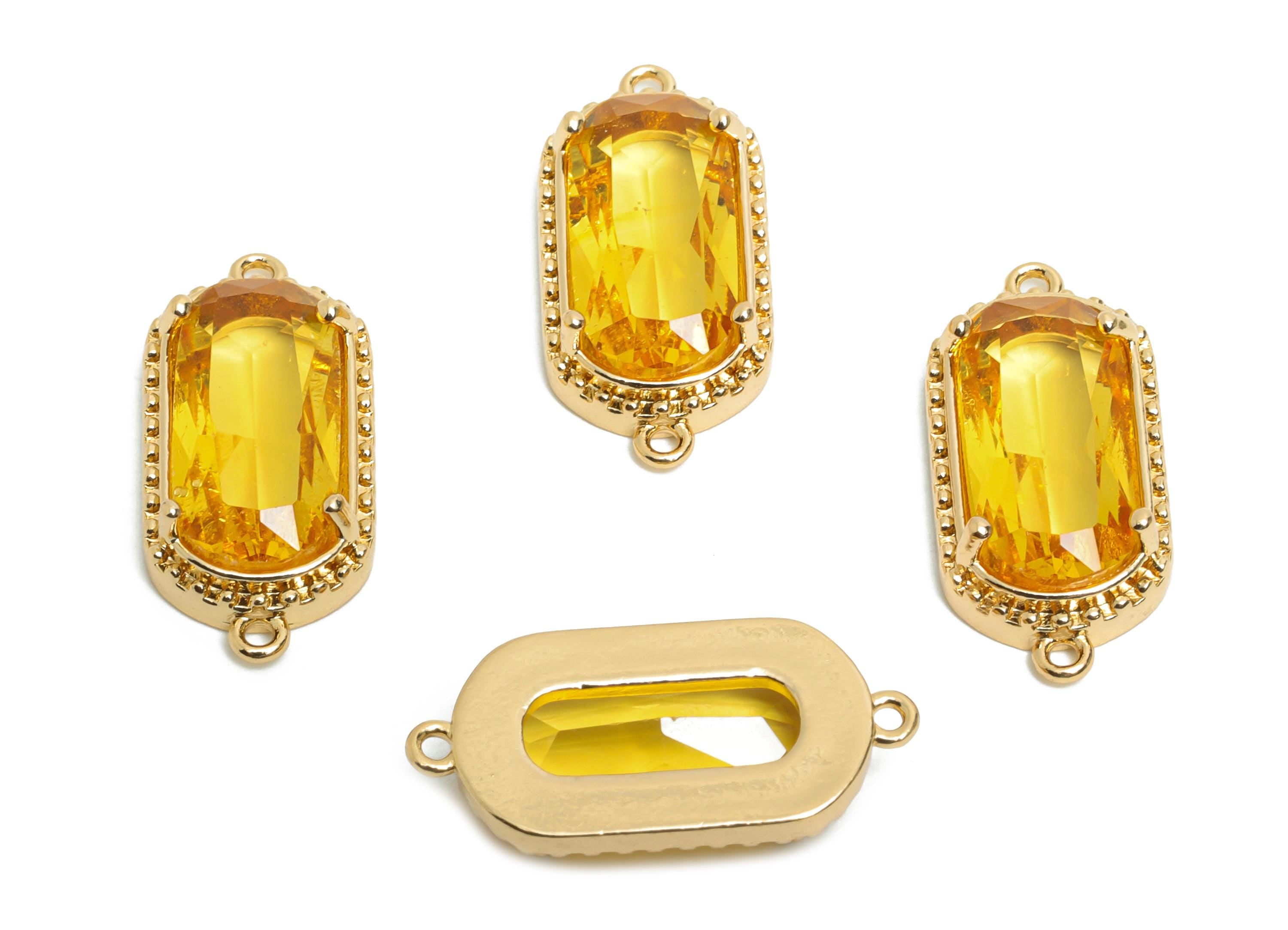Brass Crystal Connector - Dainty Yellow Frame Pendant - Modern Oval Rectangular Stone Bracelet - KC Gold Tone Plated - 20x9x4mm - GS1307 - DOMEDBAZAAR