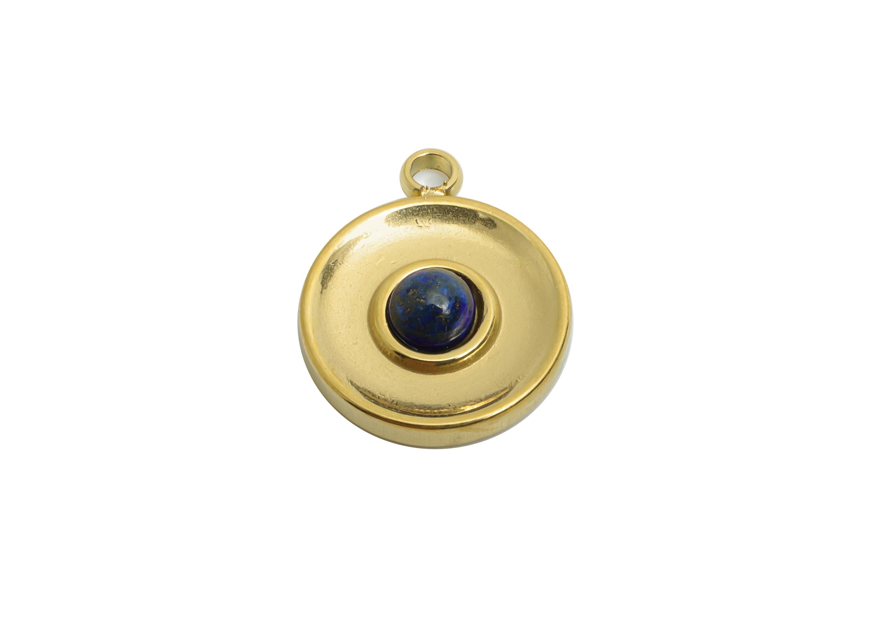 Steel Natural Stone Pendant - Artisanal Circular Stone Detail Pendant - Decorative Gemstone Pendant - 14K Real Gold - 15x12x3mm -SS1680 - DOMEDBAZAAR