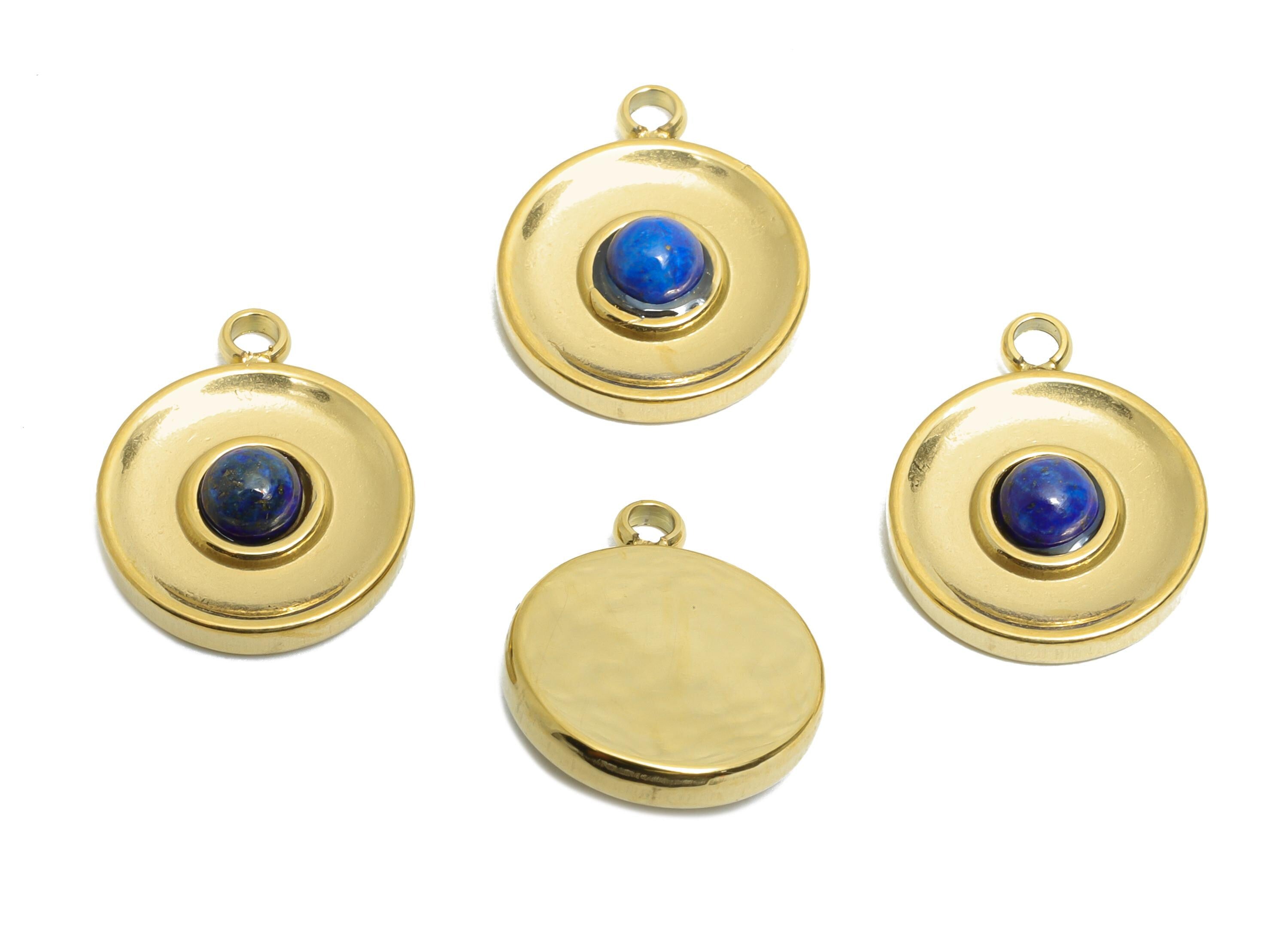 Steel Natural Stone Pendant - Artisanal Circular Stone Detail Pendant - Decorative Gemstone Pendant - 14K Real Gold - 15x12x3mm -SS1680 - DOMEDBAZAAR