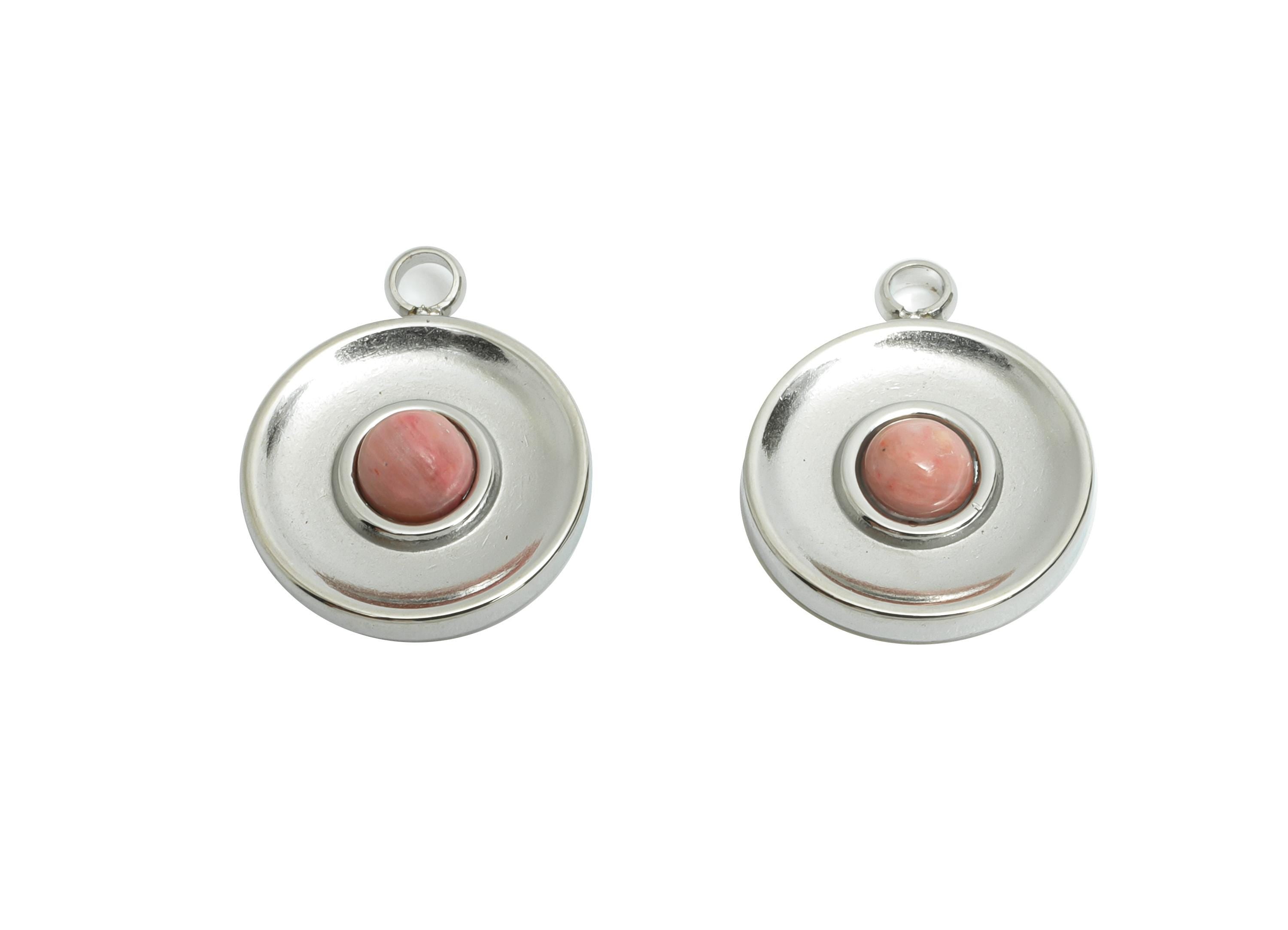 Steel Natural Stone Charms - Artisanal Circular Stone Detail Pendant - Decorative Gemstone Pendant - Steel Jewelry DIY - 15x12x3mm - SS1679 - DOMEDBAZAAR