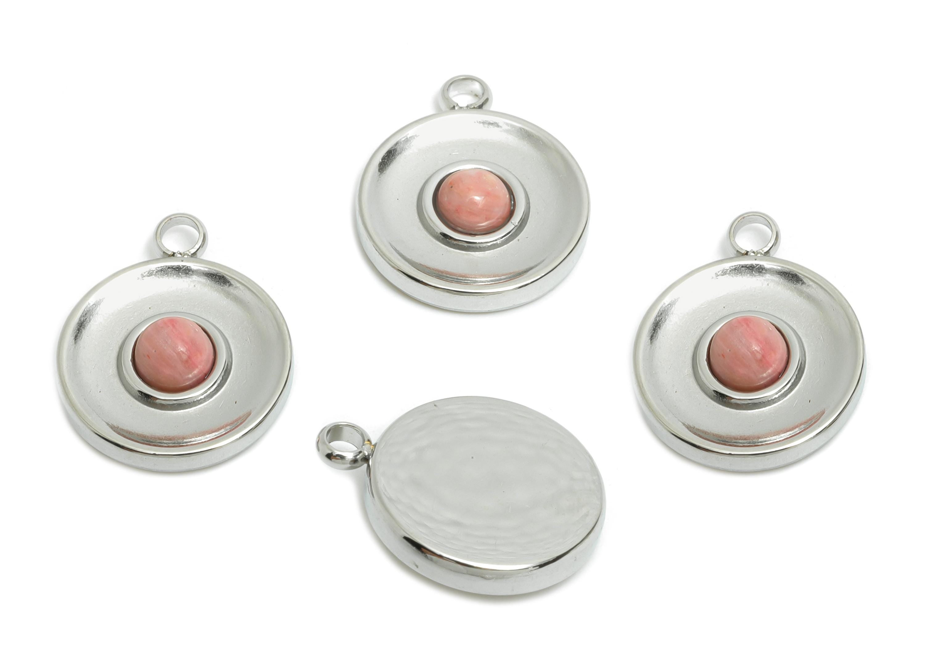 Steel Natural Stone Charms - Artisanal Circular Stone Detail Pendant - Decorative Gemstone Pendant - Steel Jewelry DIY - 15x12x3mm - SS1679 - DOMEDBAZAAR