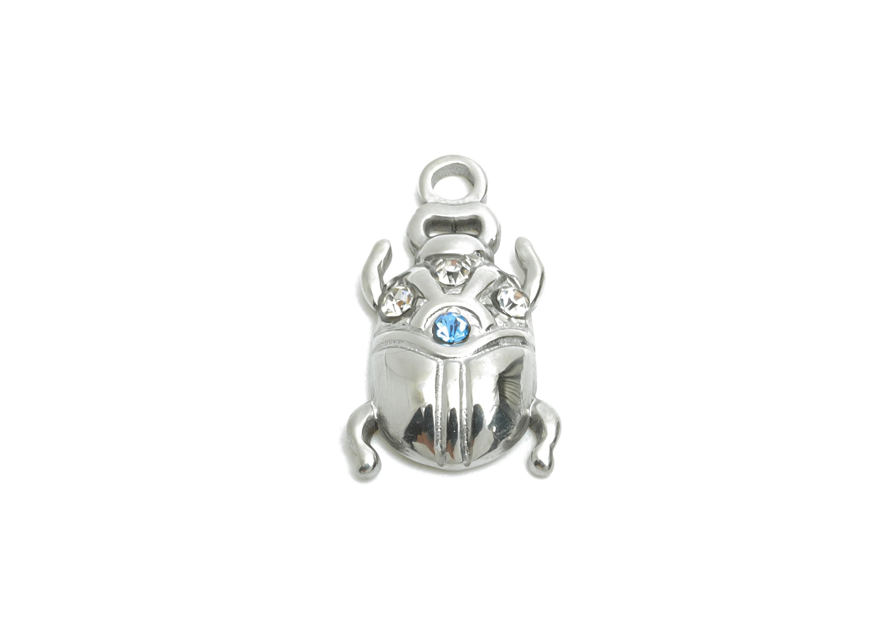 Crystals Scarab Pendant - Steel Elegant Scarab Necklace Charm - Shiny Silver Charm With Cubic Zircon - Decorative Jewelry - 17x9x3mm -SS1676 - DOMEDBAZAAR