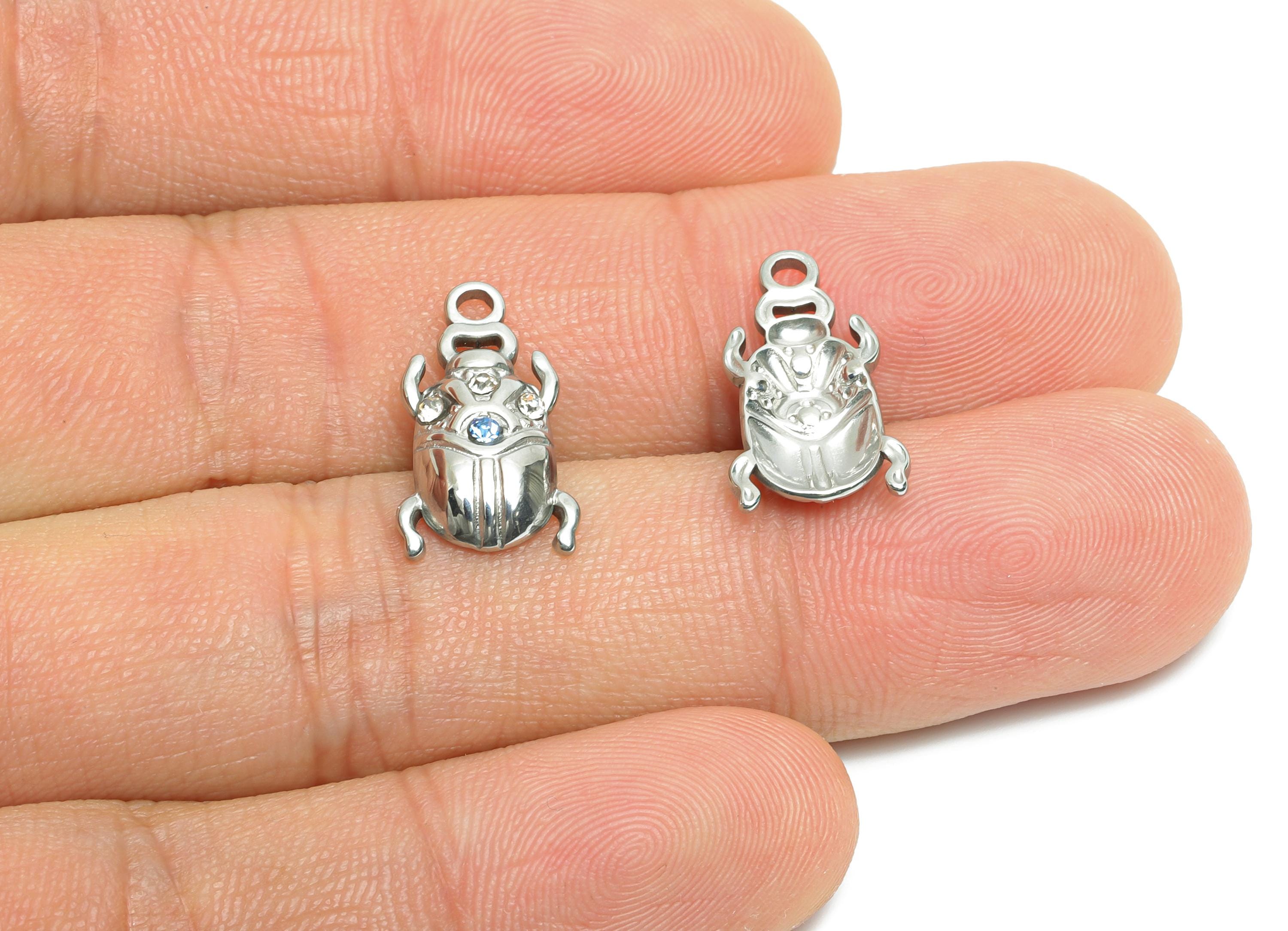 Crystals Scarab Pendant - Steel Elegant Scarab Necklace Charm - Shiny Silver Charm With Cubic Zircon - Decorative Jewelry - 17x9x3mm -SS1676 - DOMEDBAZAAR