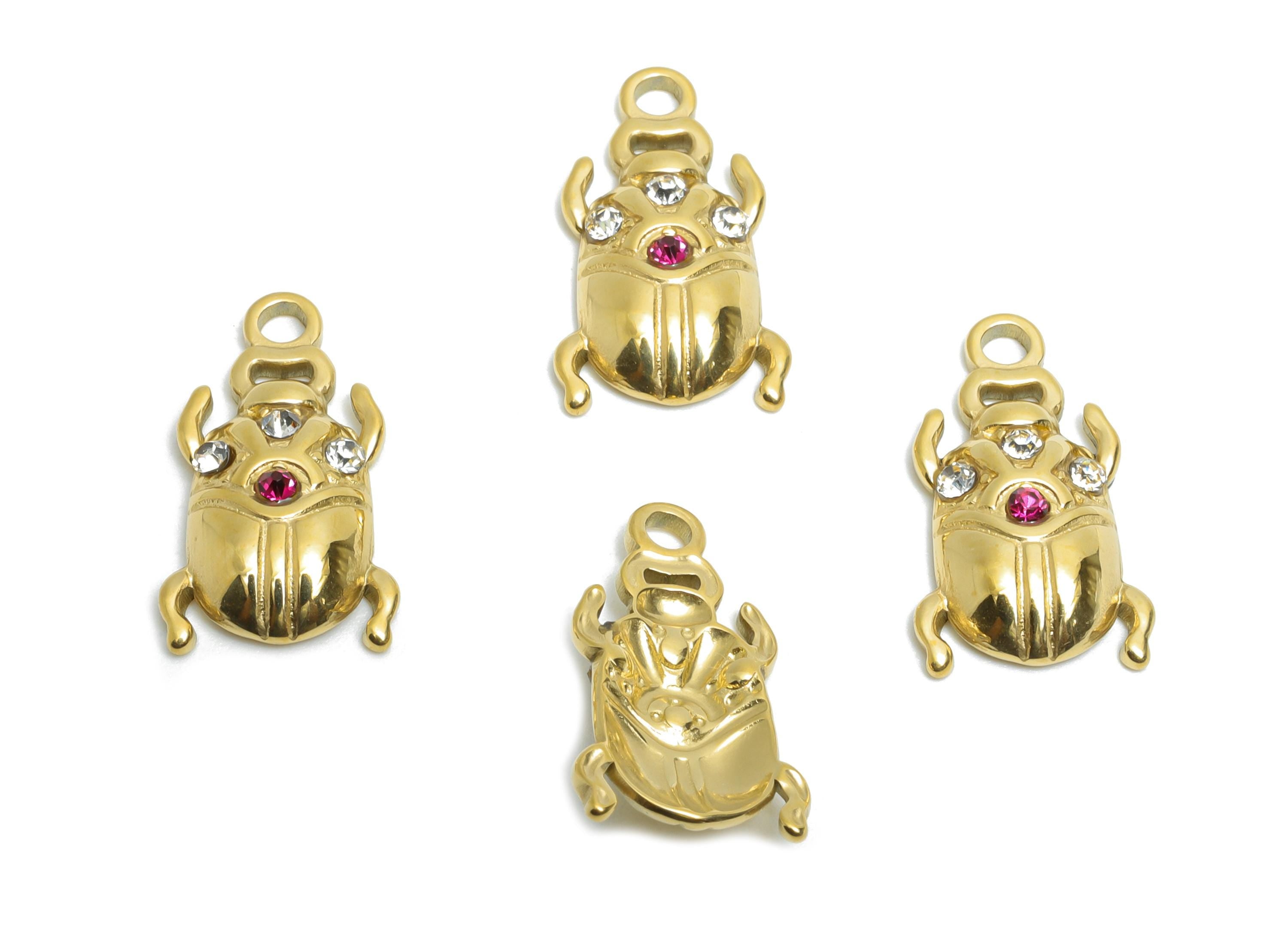 Crystals Scarab Pendant - Steel Elegant Scarab Necklace Charm - Shiny Charm With Cubic Zircon - 14k Real Gold Jewelry - 17x9x3mm - SS1675 - DOMEDBAZAAR