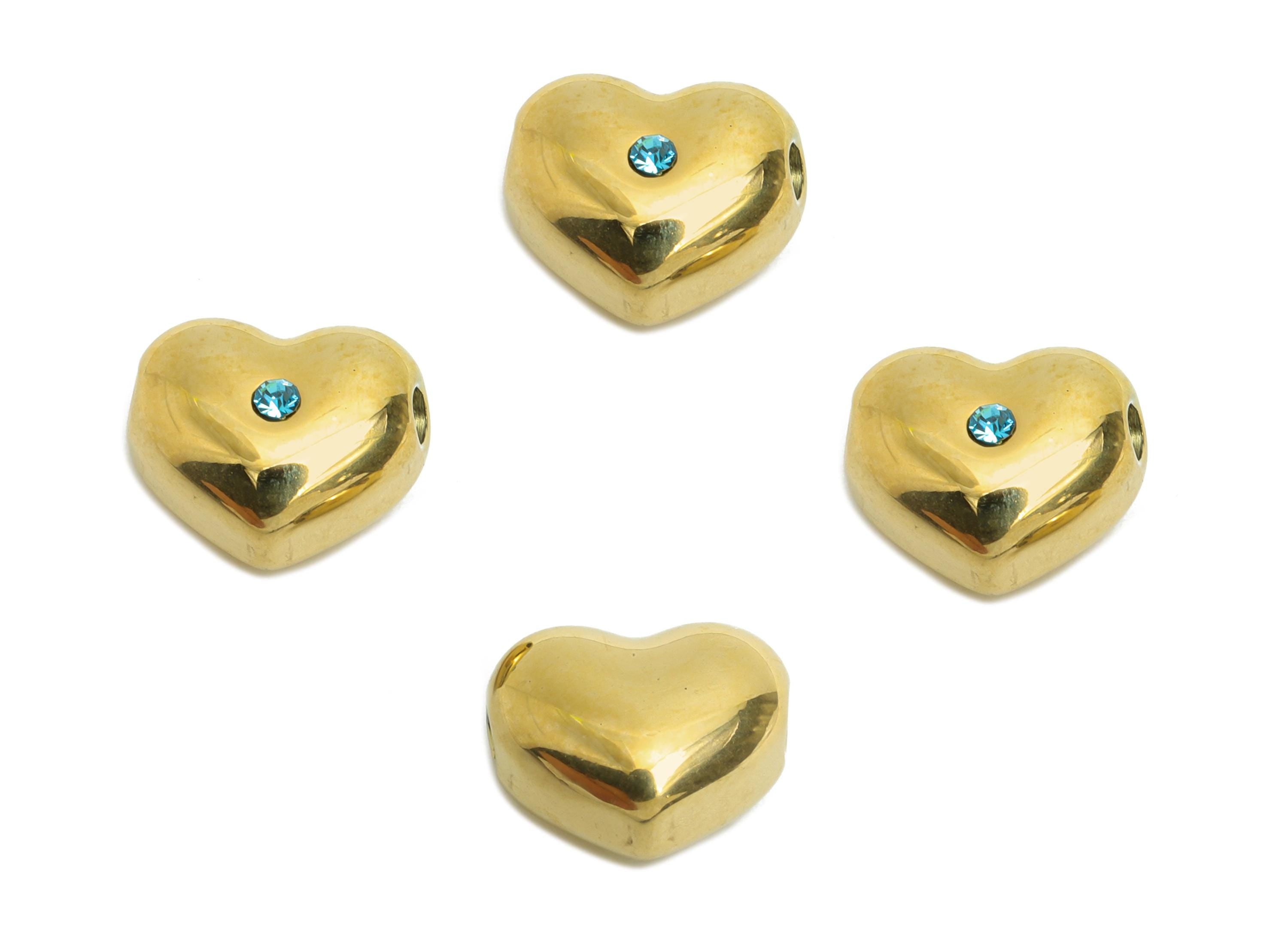 Shiny Gold CZ Heart Bead - Beads With Sparkling Blue Crystals - Sparking Heart Cubic Zircon Bead - 14K Real Gold - 10x8x6mm - SS1678 - DOMEDBAZAAR