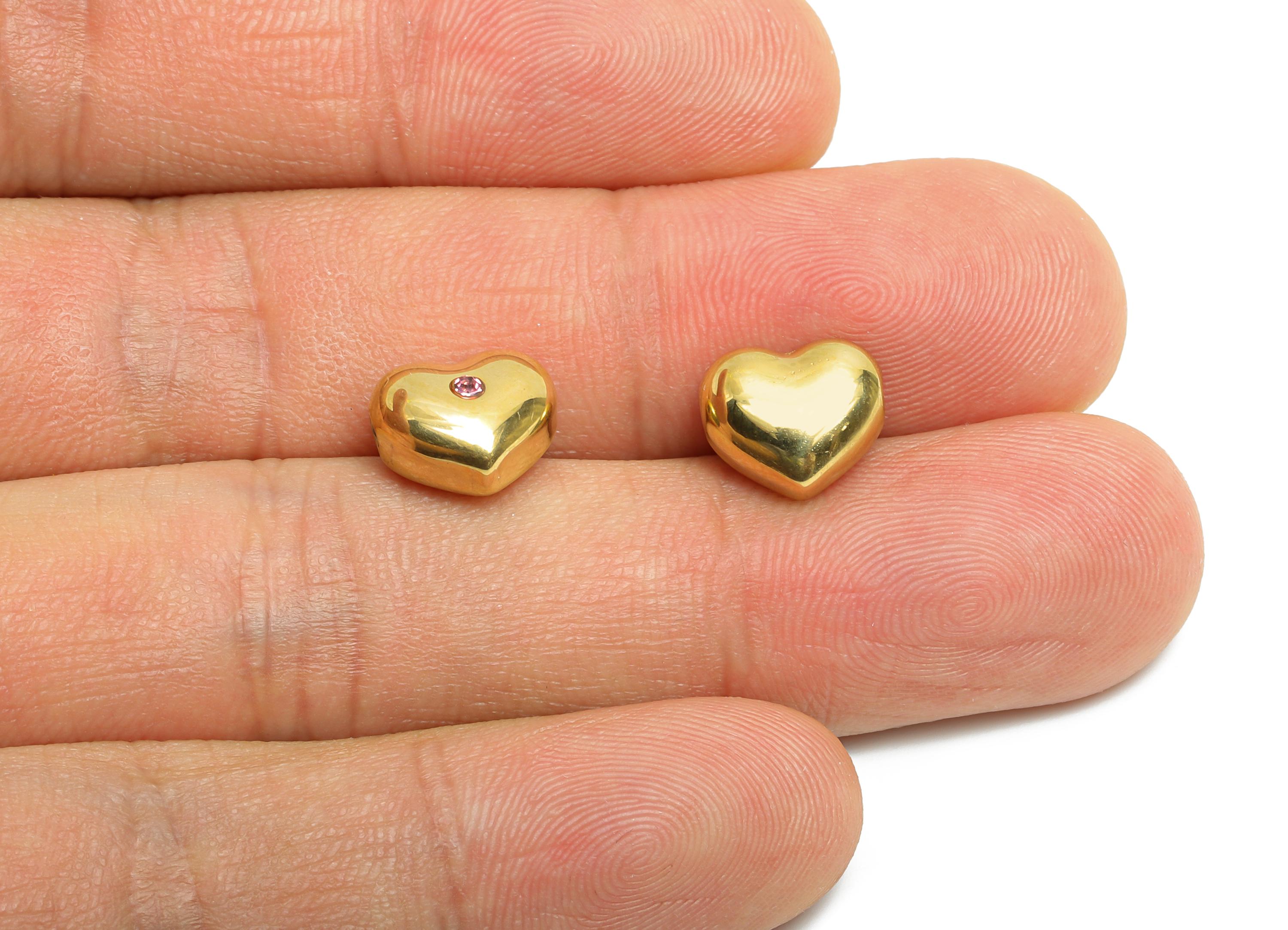 Shiny Gold CZ Heart Bead - Beads With Sparkling Pink Crystals - Sparking Heart Cubic Zircon Bead - 14K Real Gold - 10x8x6mm - SS1677 - DOMEDBAZAAR