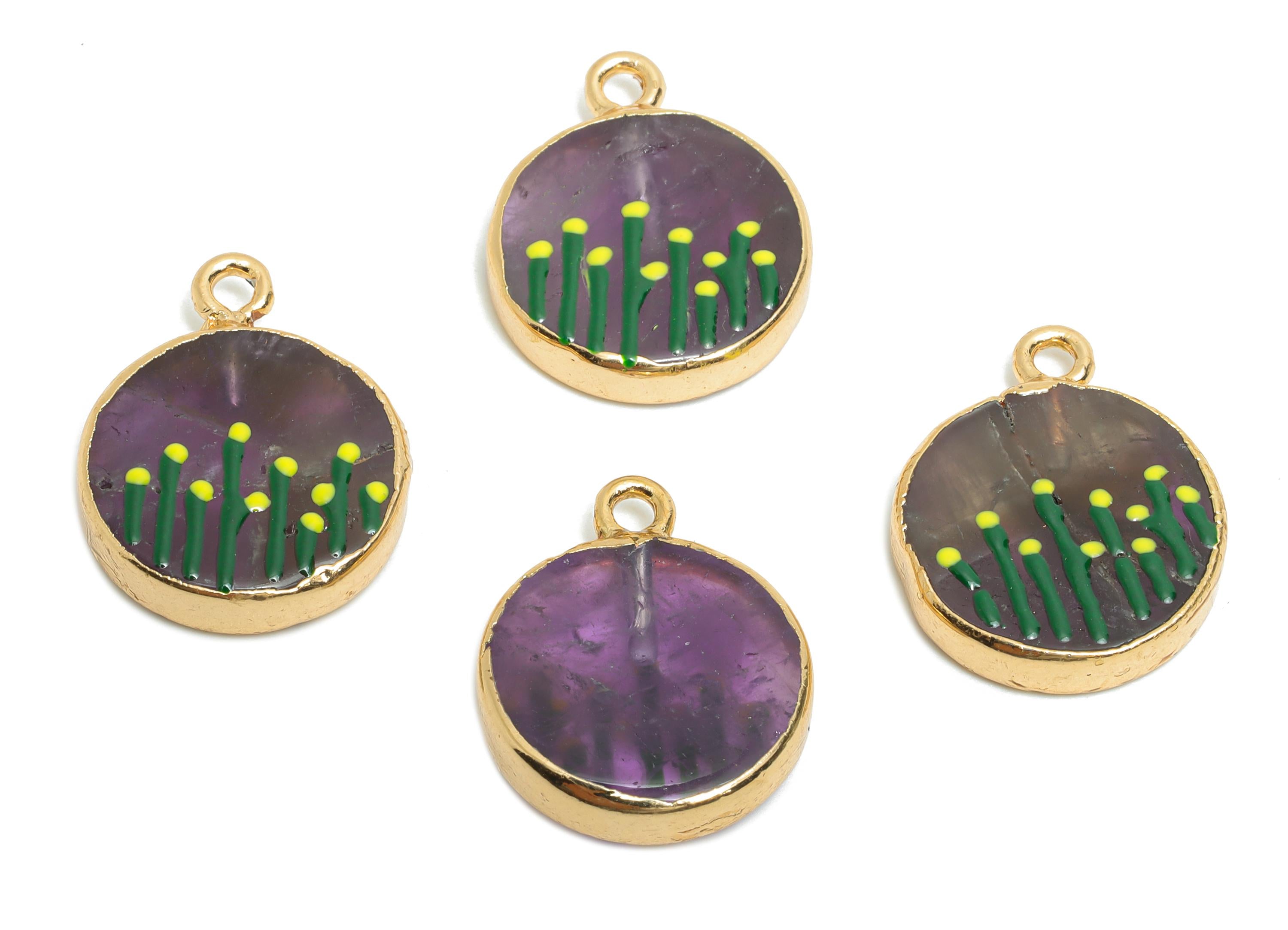 Amethyst Earring Charm - Brass Handmade Gold Foral With Enamel Pendant - Botanical Theme - KC Gold Plating - 19x15x3mm - NS2883F - DOMEDBAZAAR