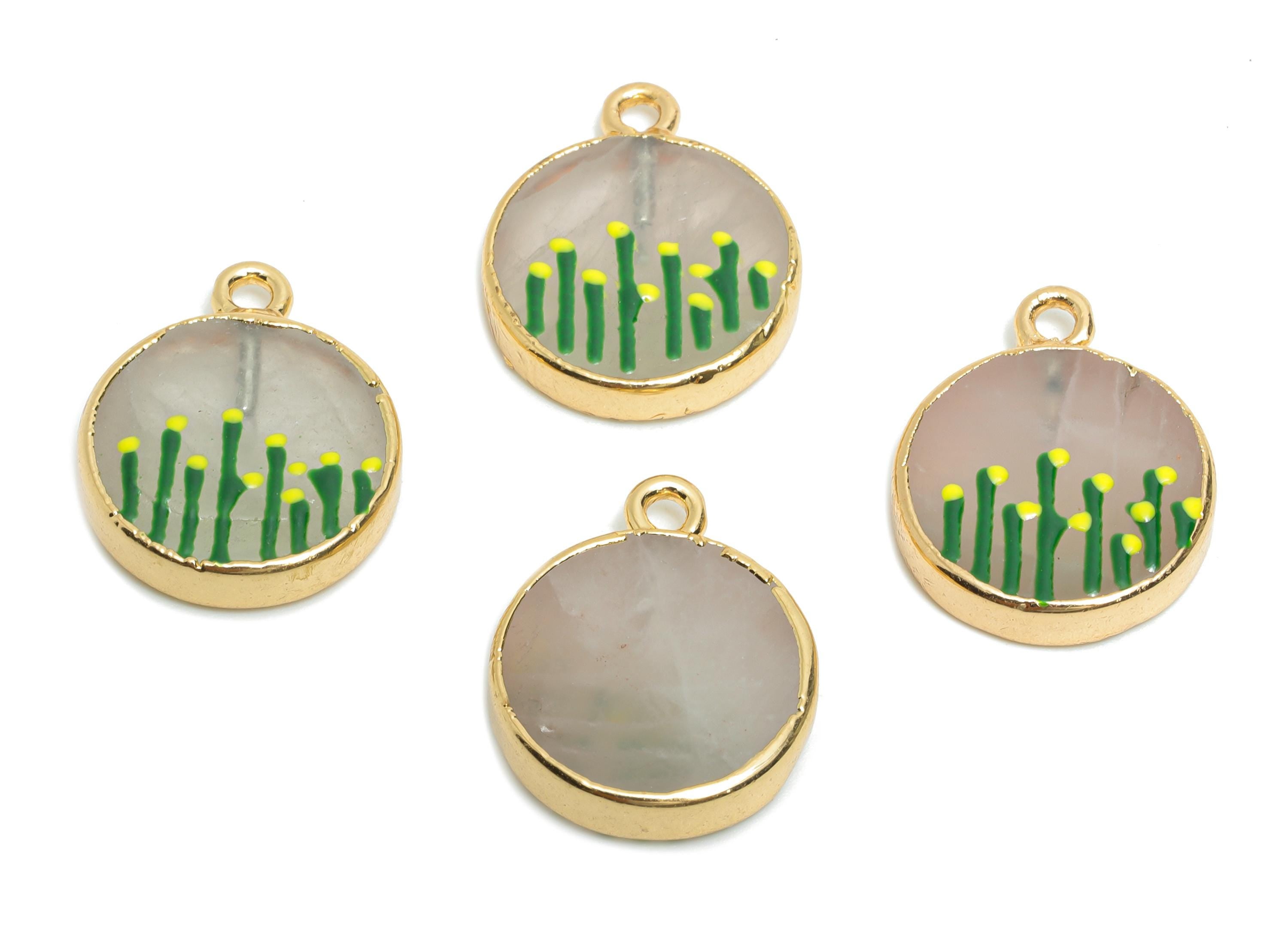 Rose Quartz Earring Charm - Brass Handmade Gold Foral With Enamel Pendant - Brass Botanical Theme - KC Gold Plating - 18x15x2.9mm - NS2883B - DOMEDBAZAAR