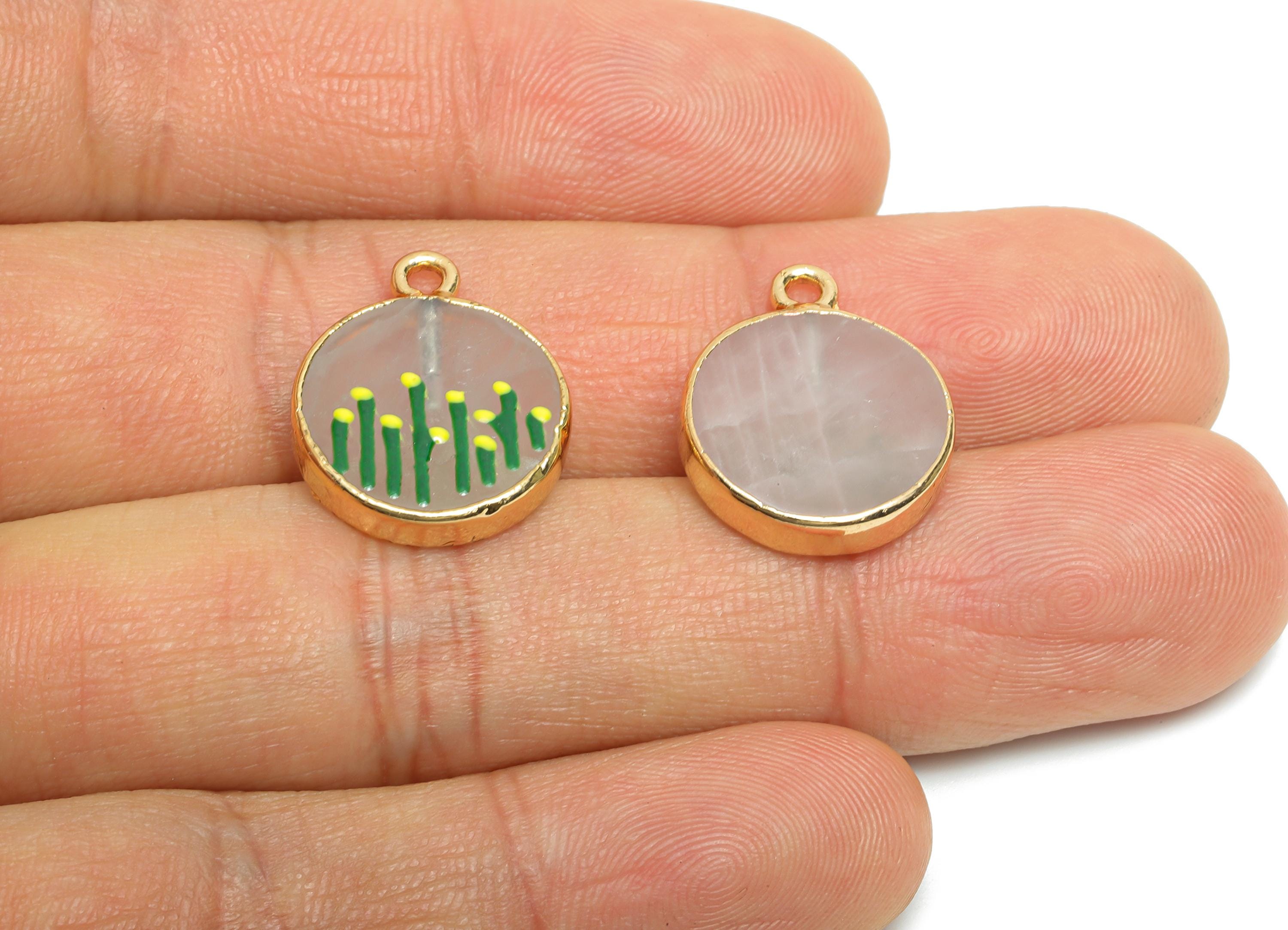 Rose Quartz Earring Charm - Brass Handmade Gold Foral With Enamel Pendant - Brass Botanical Theme - KC Gold Plating - 18x15x2.9mm - NS2883B - DOMEDBAZAAR