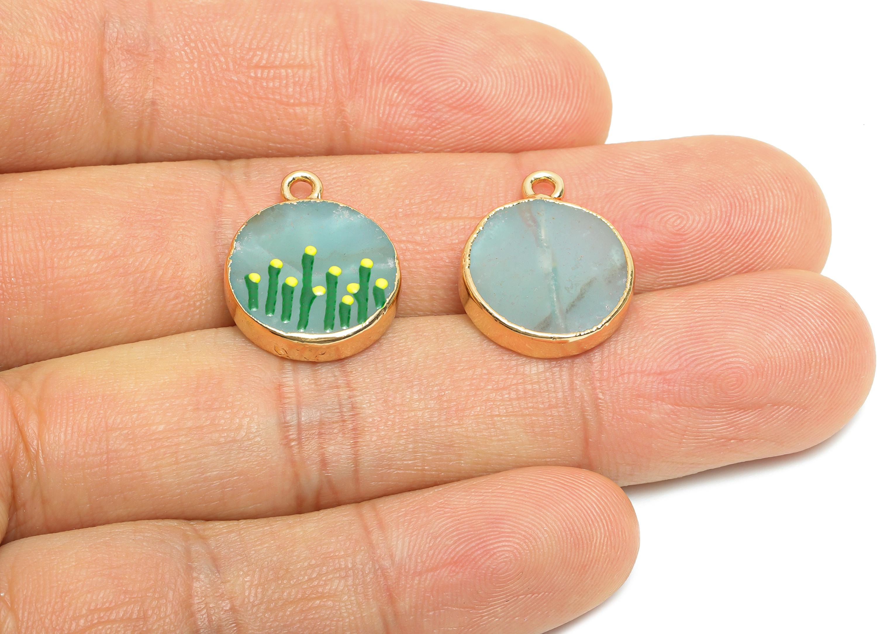 Amazonite Earring Charm - Brass Handmade Gold Foral With Enamel Pendant - Brass Botanical Theme - KC Gold Plating - 19x15x3mm - NS2883A - DOMEDBAZAAR