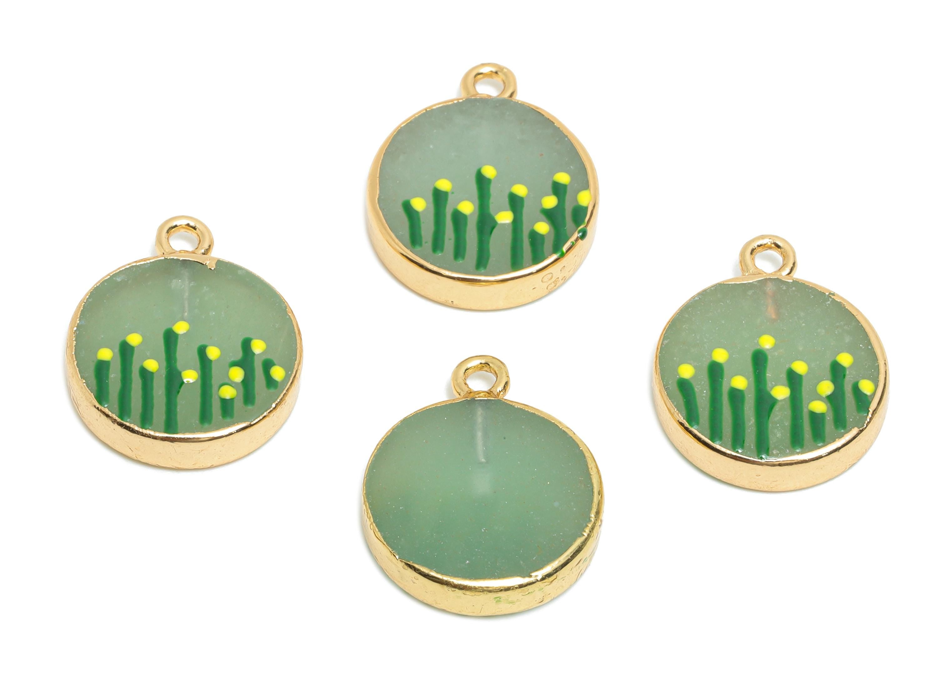 Green Aventurine Earring Charm - Brass Handmade Gold Floral Enamel Pendant - Botanical Theme - KC Gold Plating - 19x15x4.07mm - NS2883D - DOMEDBAZAAR
