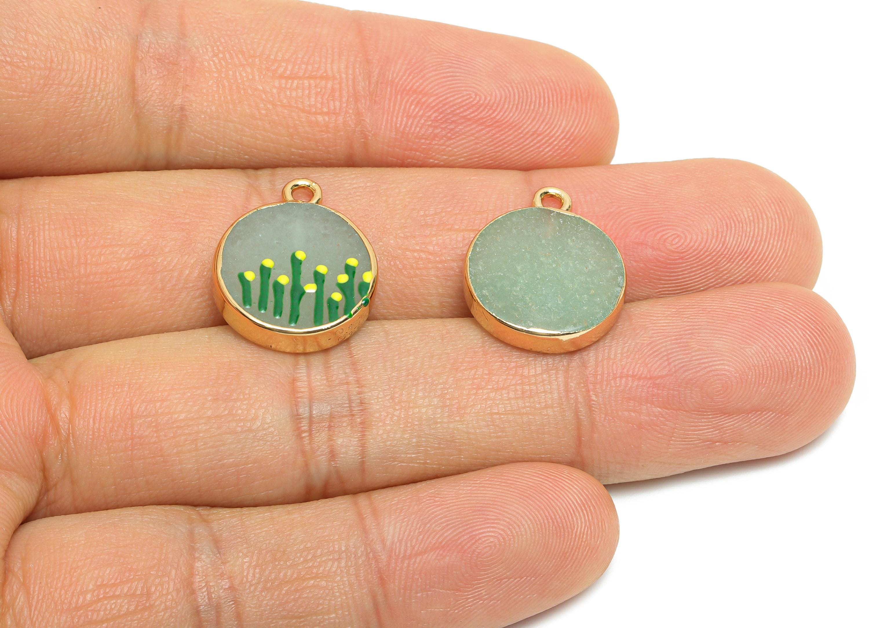 Green Aventurine Earring Charm - Brass Handmade Gold Floral Enamel Pendant - Botanical Theme - KC Gold Plating - 19x15x4.07mm - NS2883D - DOMEDBAZAAR
