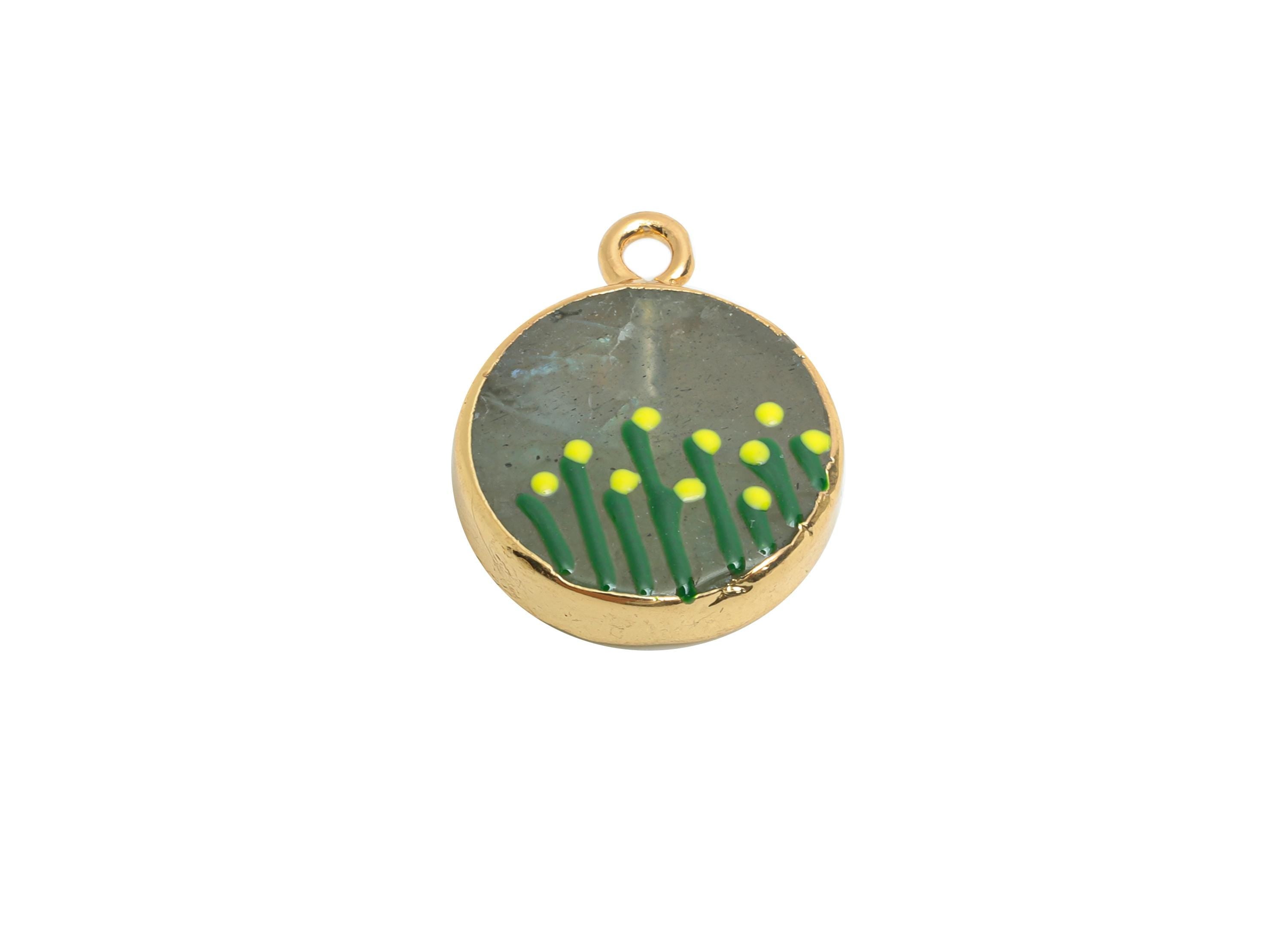 Flash Stone Earring Charm - Brass Handmade Gold Floral With Enamel Pendant - Botanical Theme - KC Gold Plating - 19x15x4.15mm - NS2883G - DOMEDBAZAAR