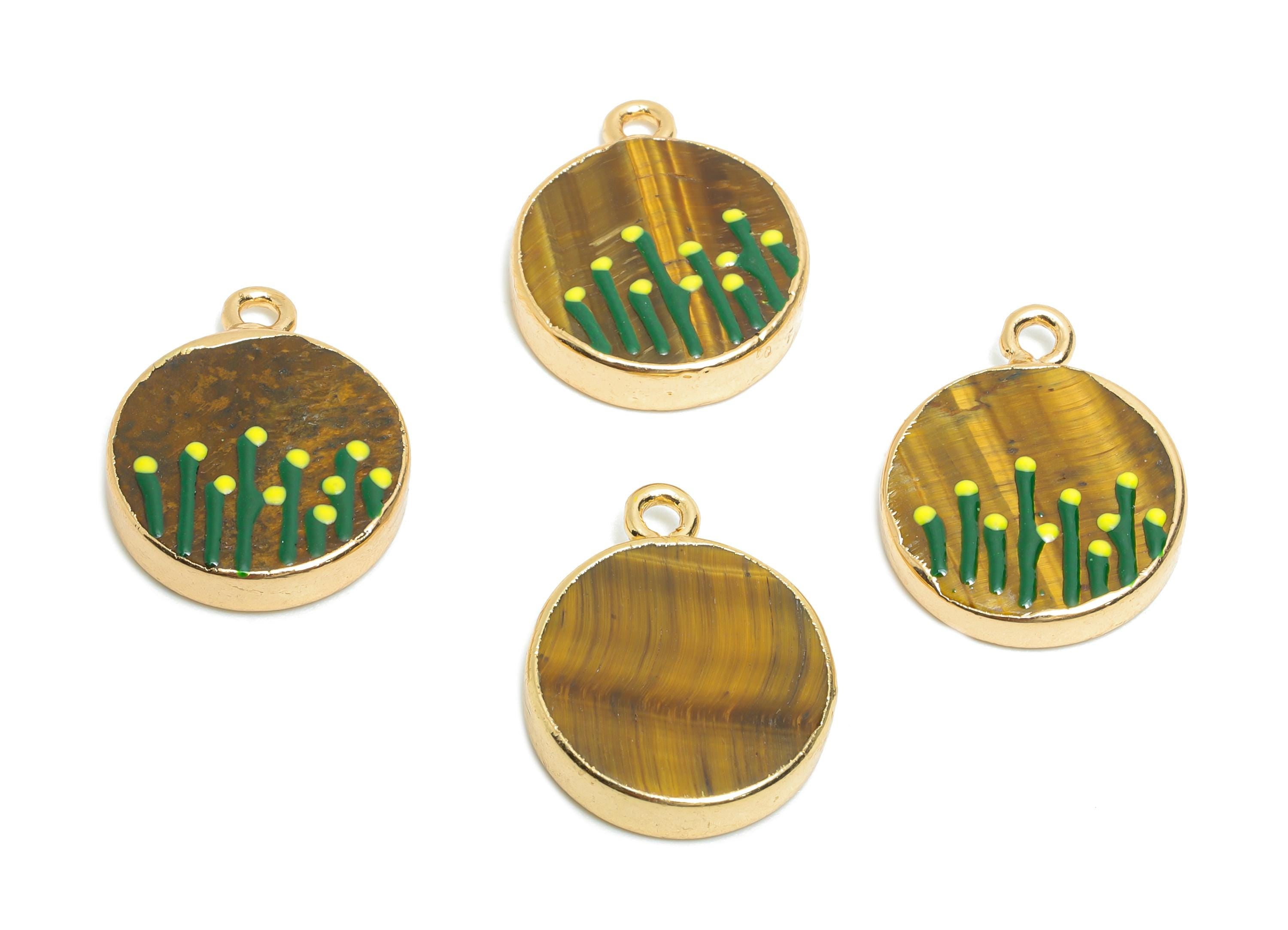 Tigereye Stone Earring Charm - Brass Handmade Gold Floral Enamel Pendant - Botanical Theme - KC Gold Plating - 19x15x3.76mm - NS2883C - DOMEDBAZAAR