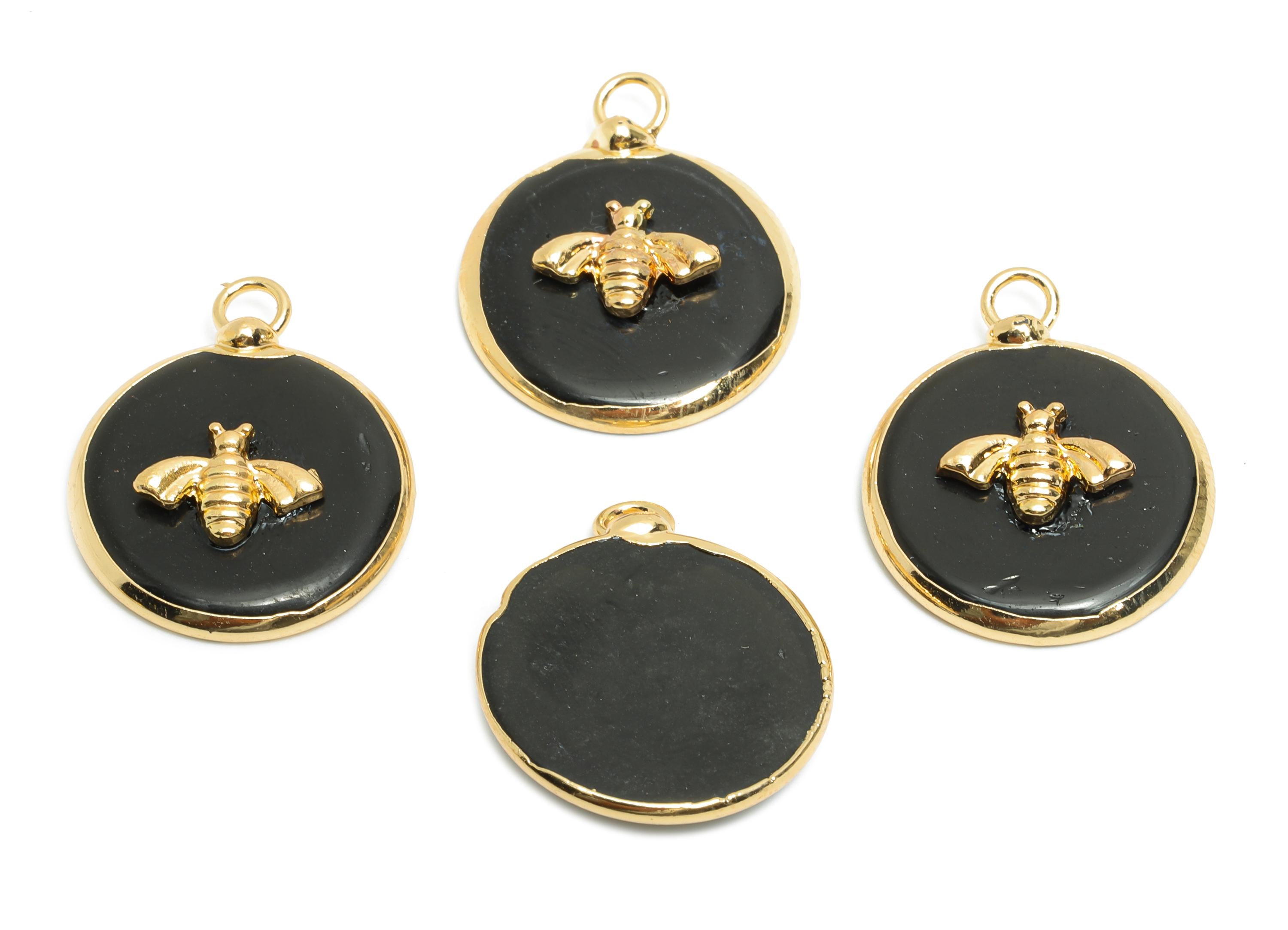 Obsidian Bee Pendant - Brass Elegant Bee Charm For Necklace - Round Bee Gold Frame Pendant - KC Gold Plating - 22x18x4.03mm - NS2881A - DOMEDBAZAAR