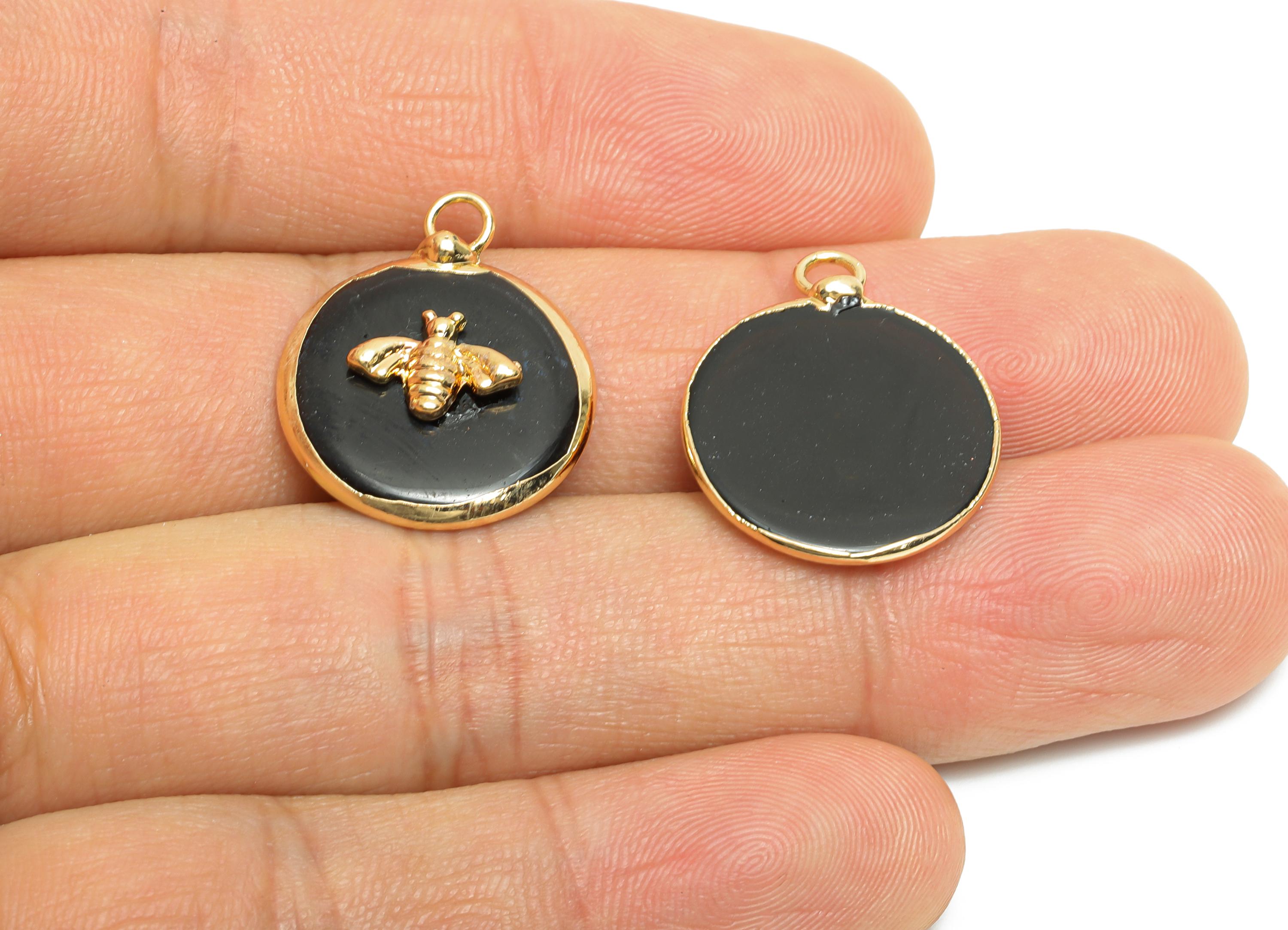 Obsidian Bee Pendant - Brass Elegant Bee Charm For Necklace - Round Bee Gold Frame Pendant - KC Gold Plating - 22x18x4.03mm - NS2881A - DOMEDBAZAAR