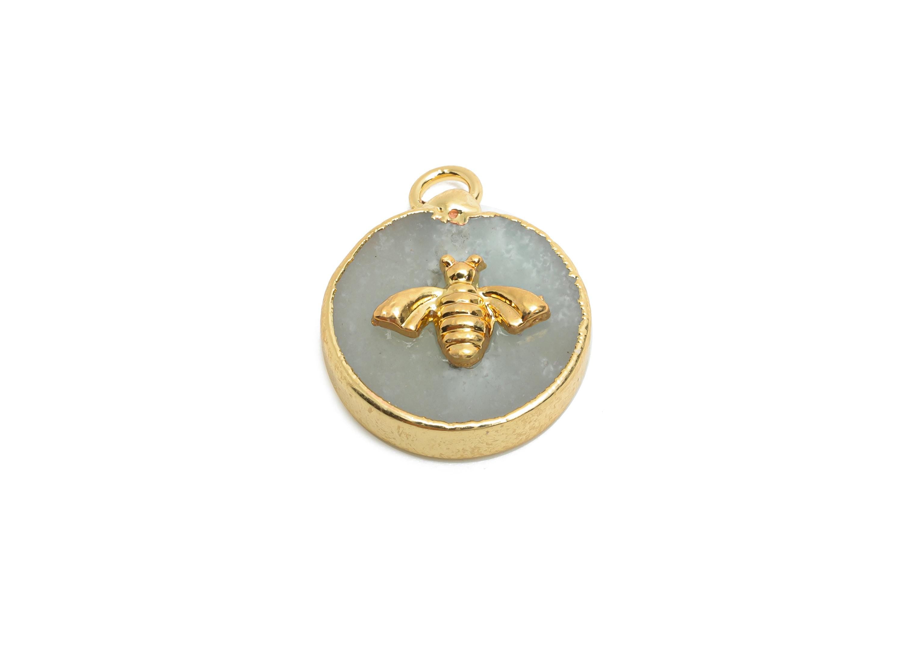 Amazonite Bee Pendant - Brass Elegant Bee Charm For Necklace - Round Bee Gold Frame Pendant - KC Gold Plating - 22x18x4.03mm - NS2881I - DOMEDBAZAAR
