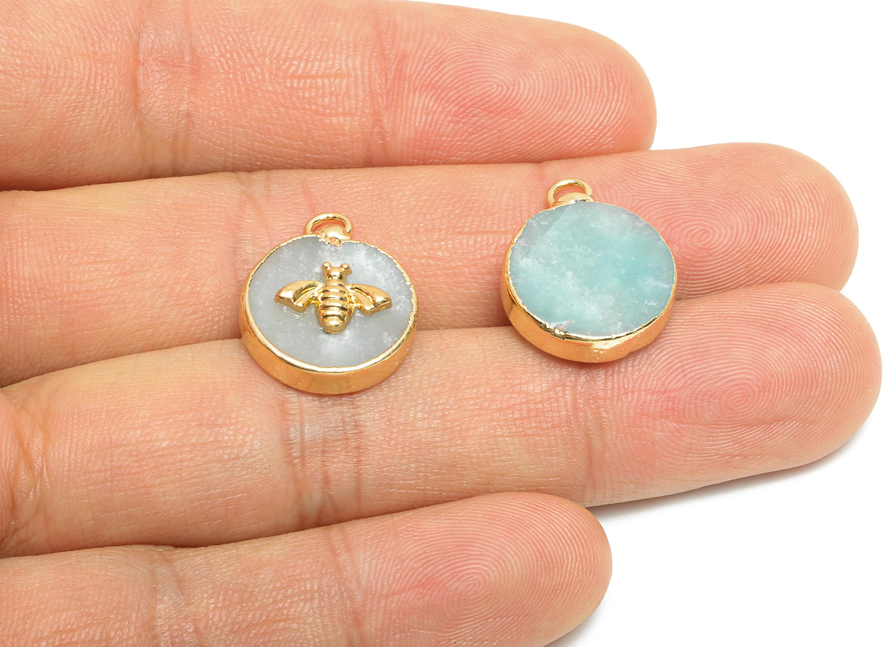 Amazonite Bee Pendant - Brass Elegant Bee Charm For Necklace - Round Bee Gold Frame Pendant - KC Gold Plating - 22x18x4.03mm - NS2881I - DOMEDBAZAAR