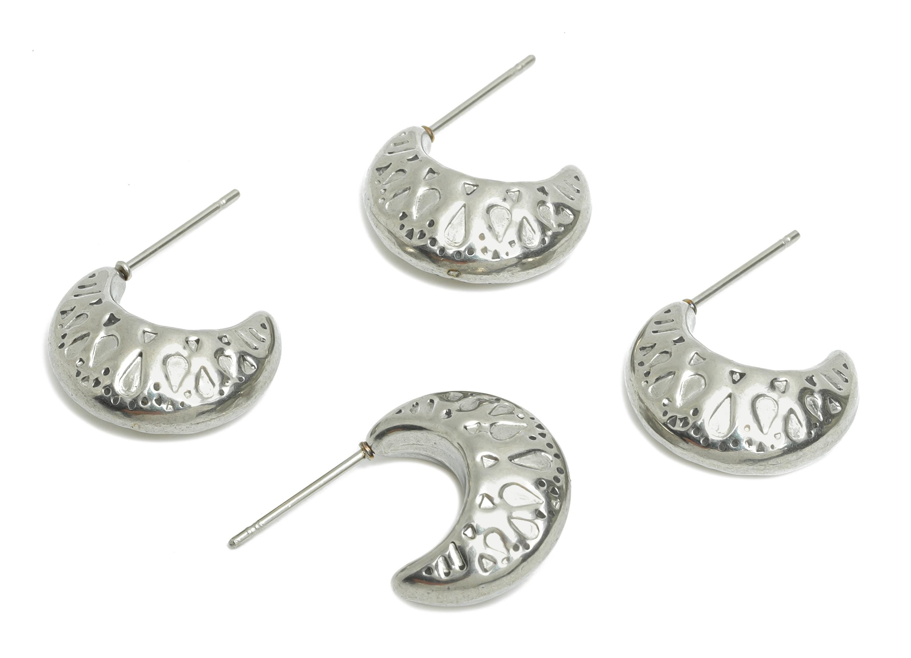 Steel Crescent Hoop Earring Studs - Hammered Silver Crescent Earring Post - Textured Open C Studs - Earring Finding - 17x14x7.7mm - SS1710 - DOMEDBAZAAR