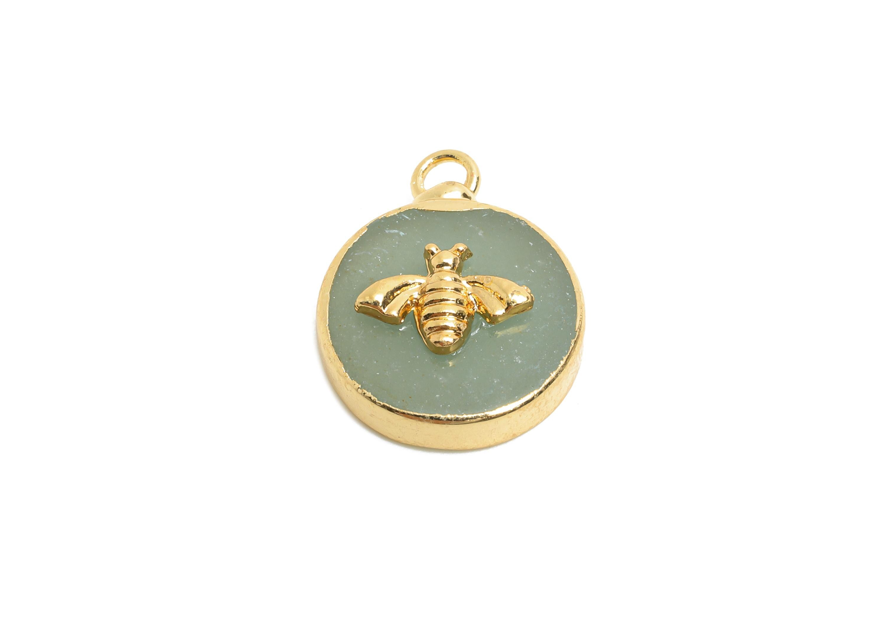 Green Aventurine Bee Pendant - Brass Elegant Bee Charm For Necklace - Round Bee Gold Frame Pendant - KC Gold Plating - 19x15x5mm-NS2881F - DOMEDBAZAAR