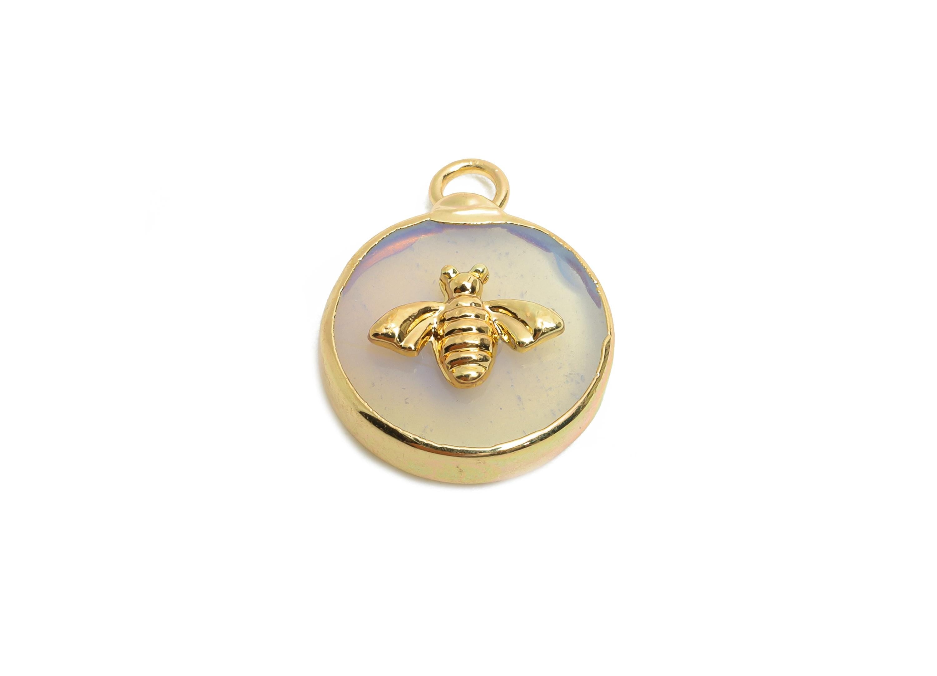 Opal Bee Pendant - Brass Elegant Bee Charm For Necklace - Round Bee Gold Frame Pendant - KC Gold Plating - 19x15x5.33mm - NS2881H - DOMEDBAZAAR