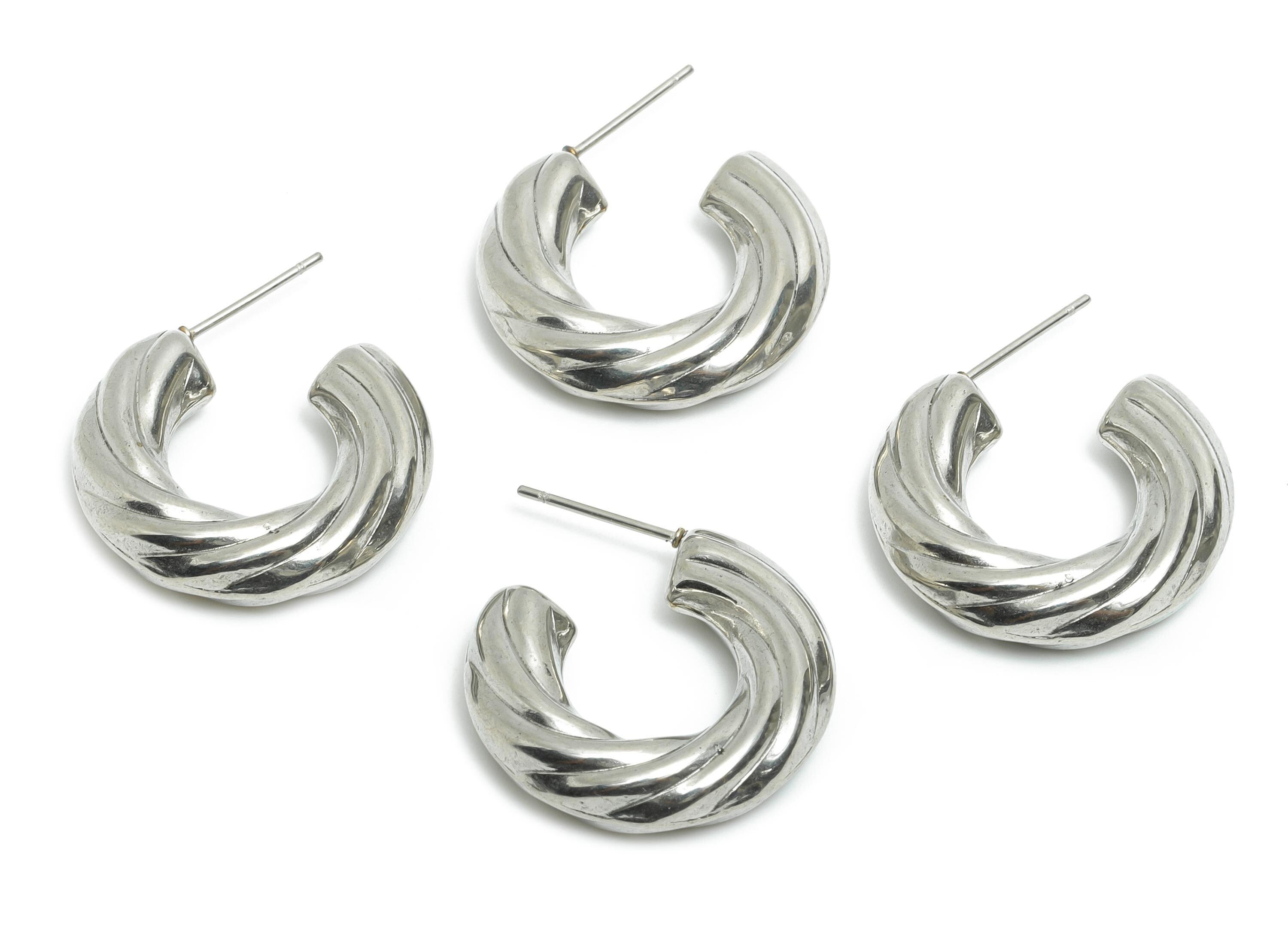Stainless Steel C Hoop Earring Studs - Twisted Chunky Silver Hoop Post - Statement Open Hoop Studs - Earring Jewelry - 25x22x6.11mm - SS1703 - DOMEDBAZAAR