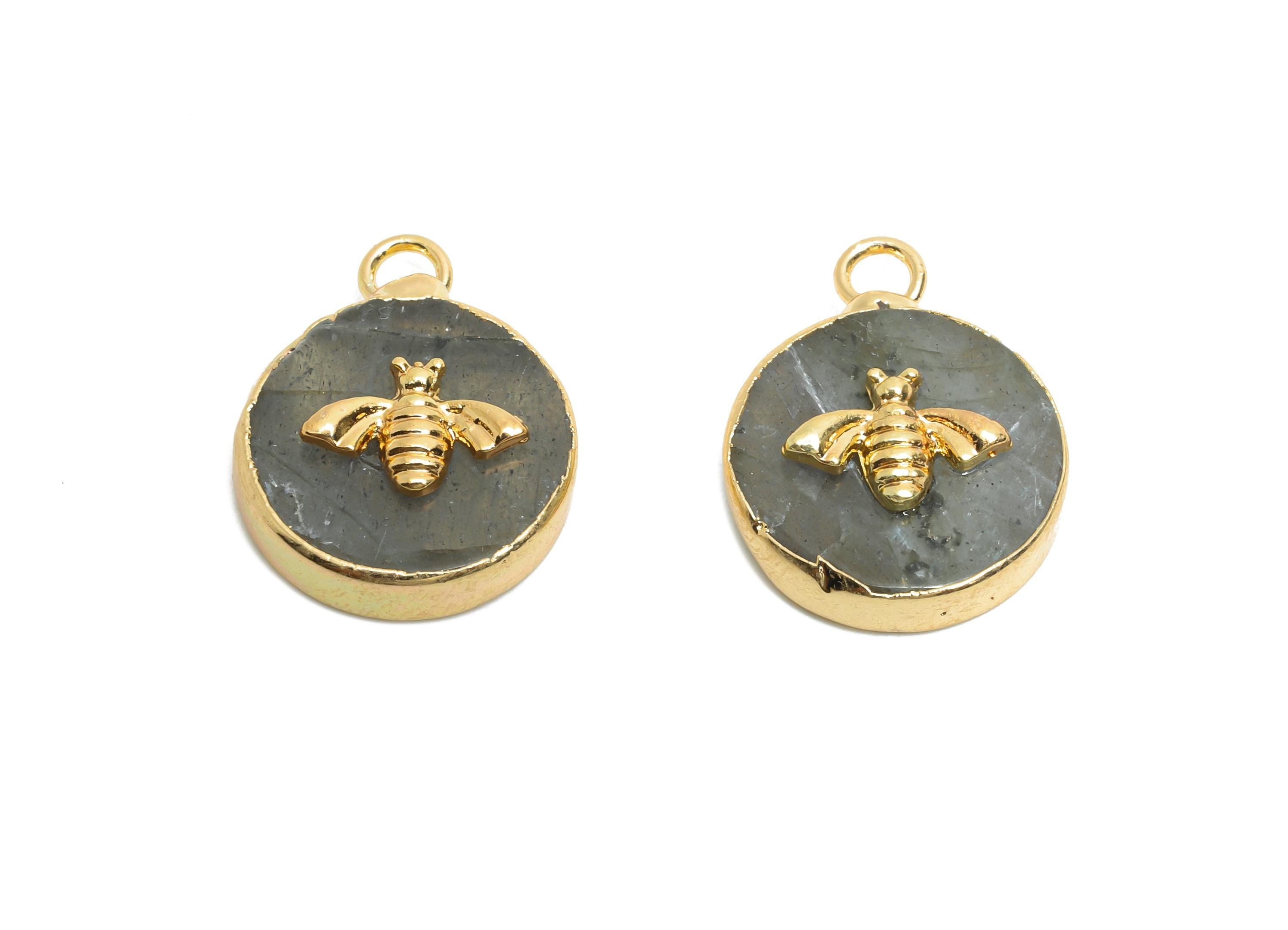 Flash Stone Bee Pendant - Brass Elegant Bee Charm For Necklace - Round Bee Gold Frame Pendant - KC Gold Plating - 19x15x5mm - NS2881C - DOMEDBAZAAR