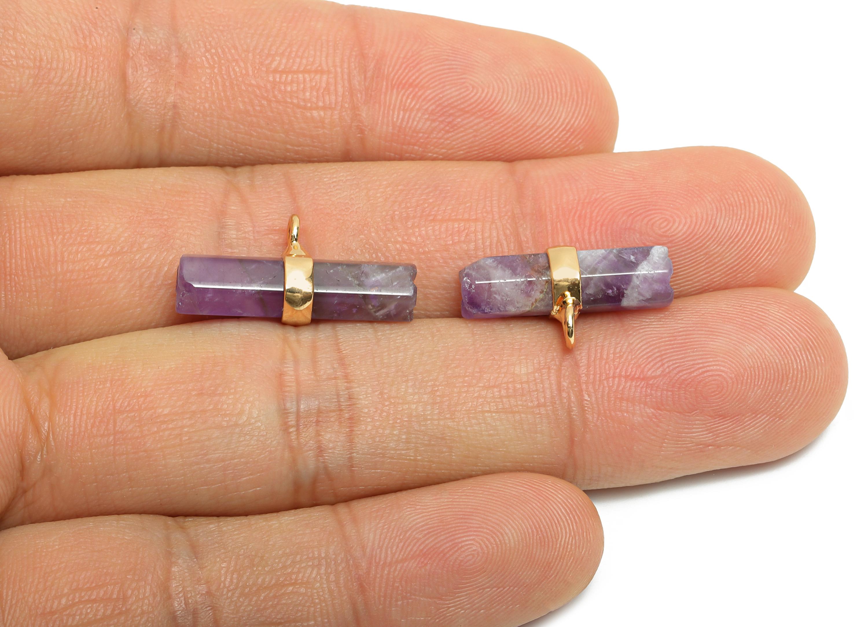 Amethyst Bar Pendant - Brass Rectangular Stone Charm For Necklace - Brass Modern Stone Jewelry - KC Gold Plating - 21x11x6.86mm - NS2882C - DOMEDBAZAAR