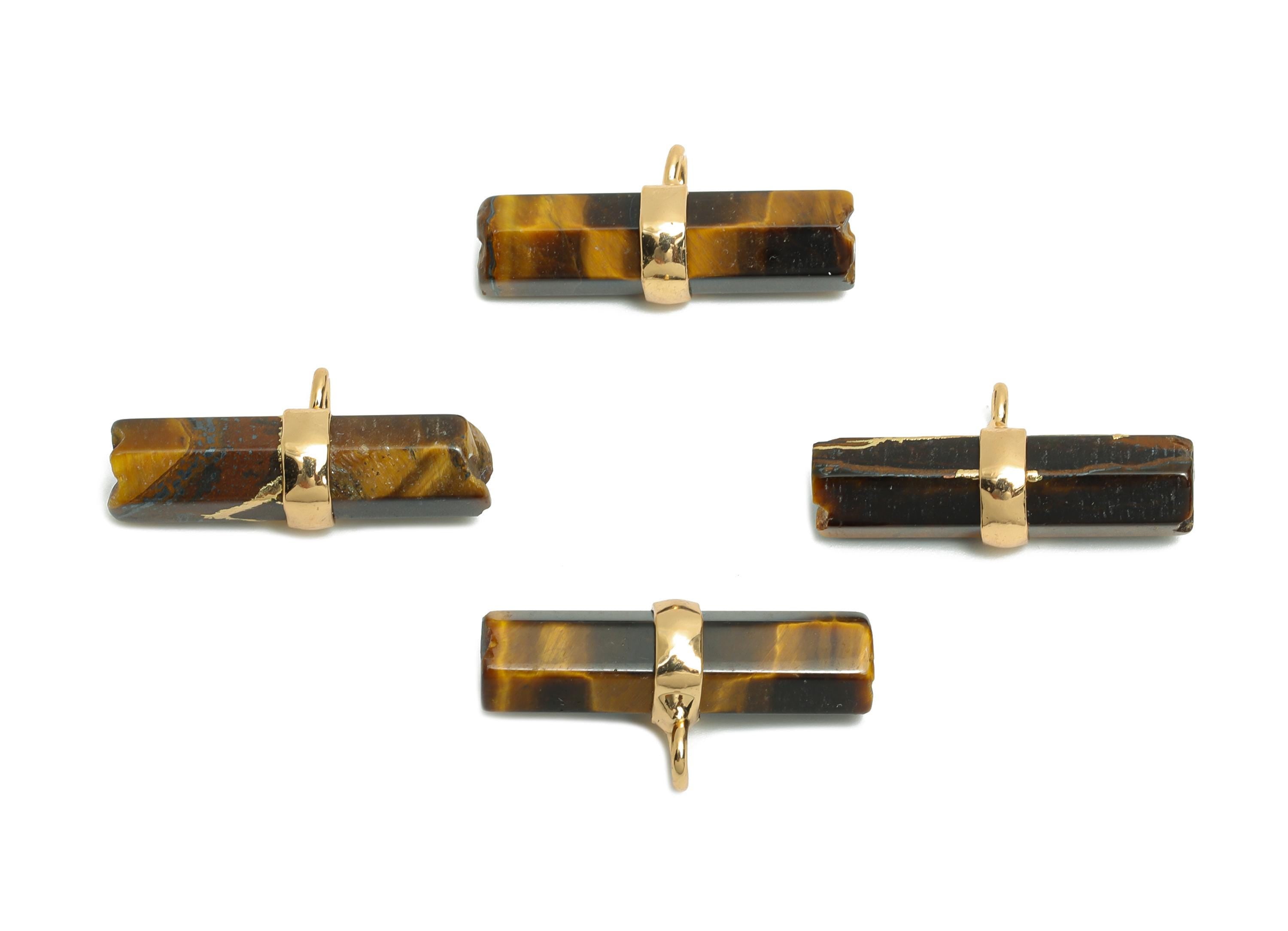 Tigereye Stone Bar Pendant - Brass Rectangular Stone Charm For Necklace - Modern Stone Jewelry - KC Gold Plating - 21x11x6.73mm - NS2882B - DOMEDBAZAAR