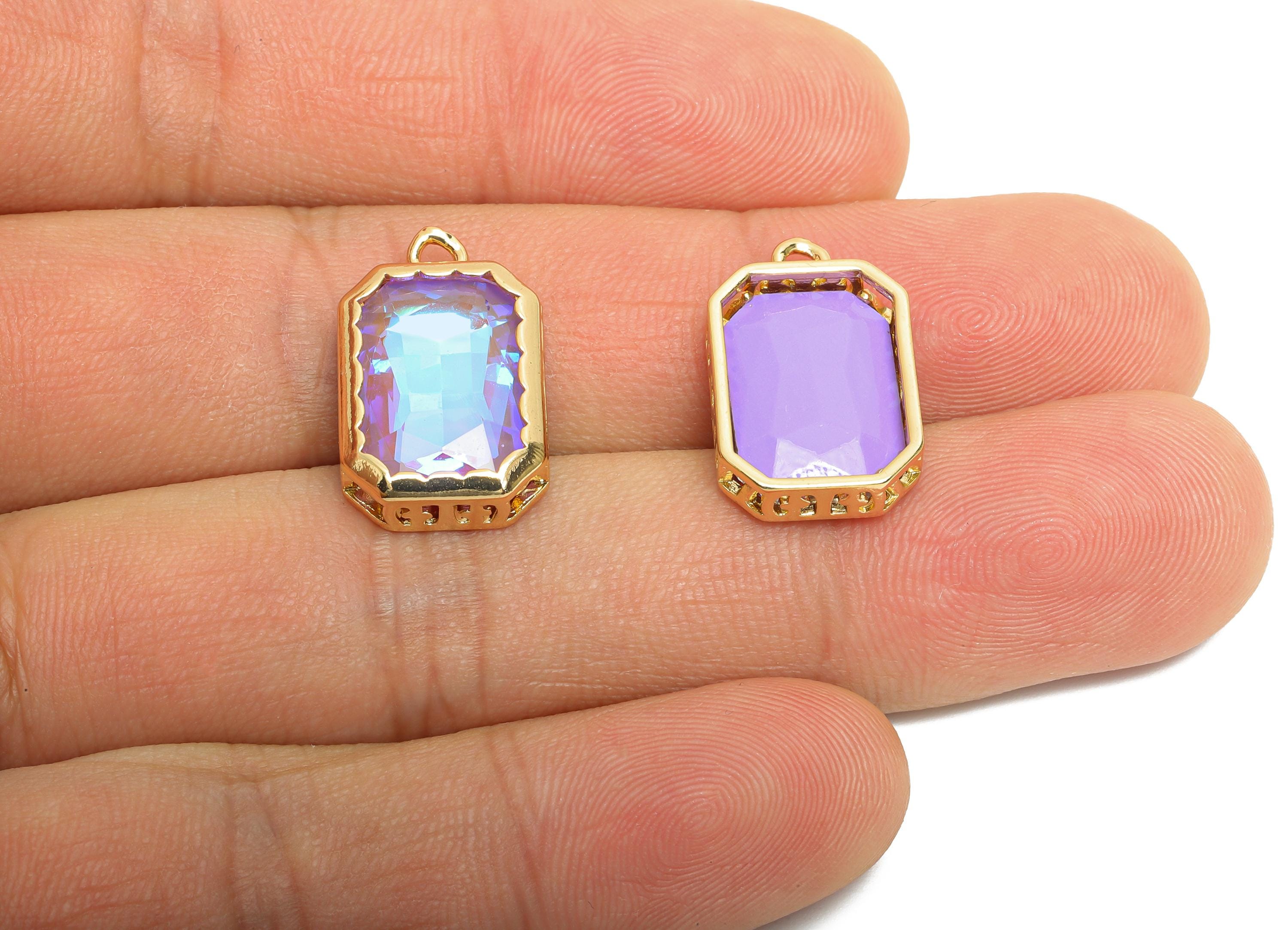 Rectangular Glass Charm - Faceted Artisan Multicolor Pendant - Dazzling Iridescent Crystal Charm - KC Gold Plated - 18x12x5mm- GS1164 - DOMEDBAZAAR