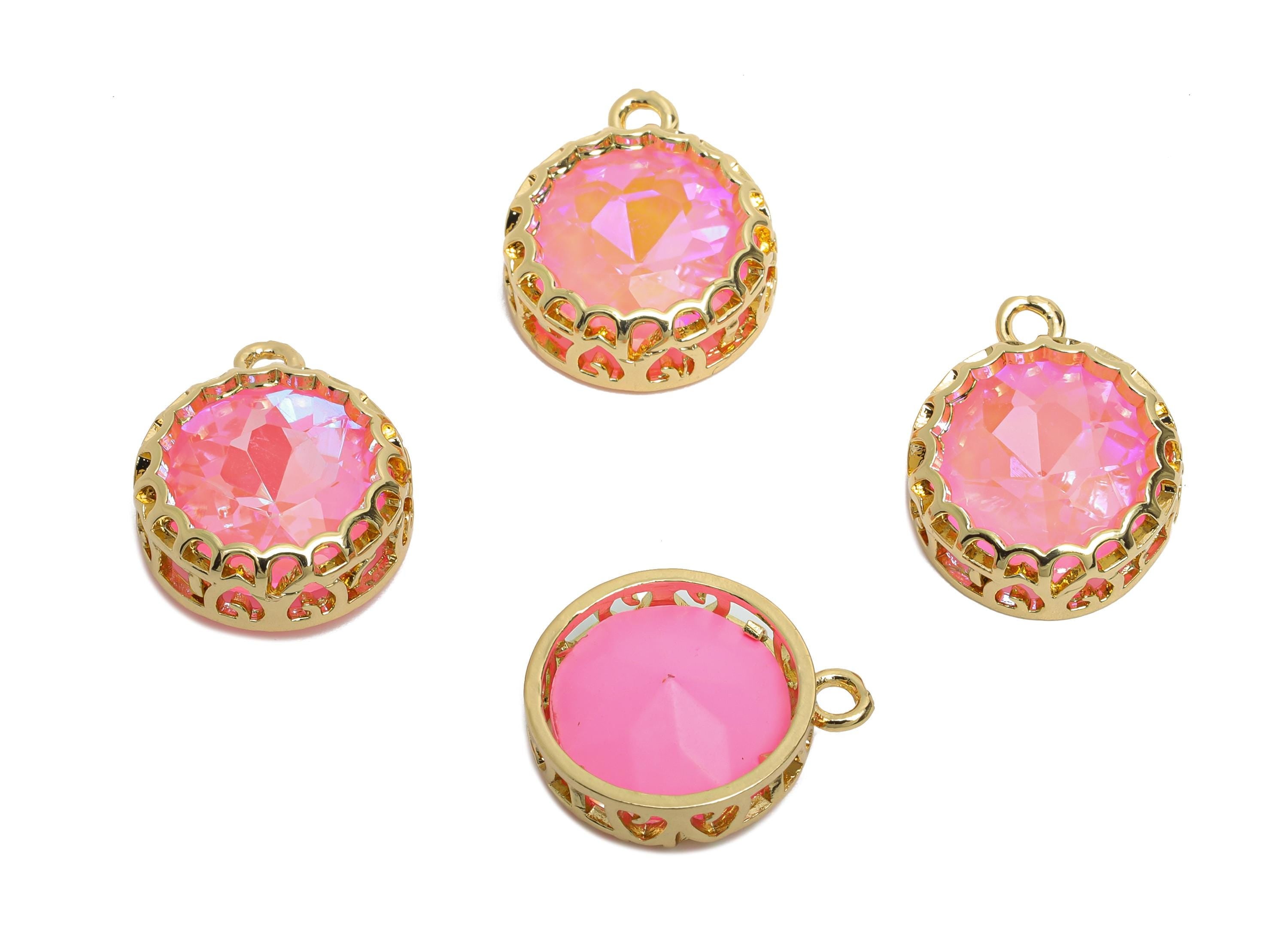 Round Glass Charm - Geometry Sparking Pink Pendant - Faceted Chic and Modern Crystal Charm - KC Gold Tone Plated - 17x14.2x5mm- GS1197 - DOMEDBAZAAR