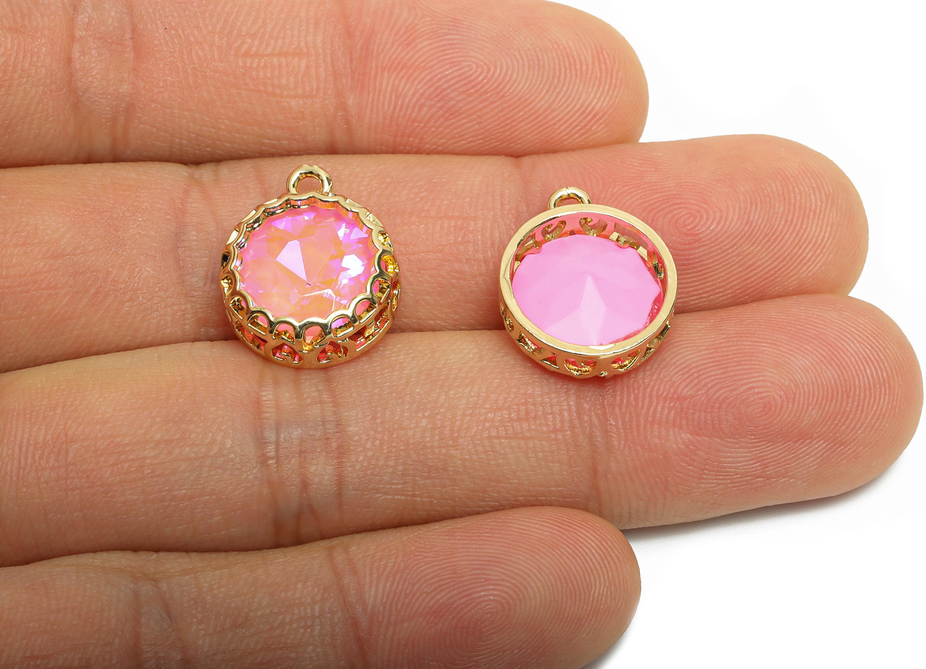 Round Glass Charm - Geometry Sparking Pink Pendant - Faceted Chic and Modern Crystal Charm - KC Gold Tone Plated - 17x14.2x5mm- GS1197 - DOMEDBAZAAR