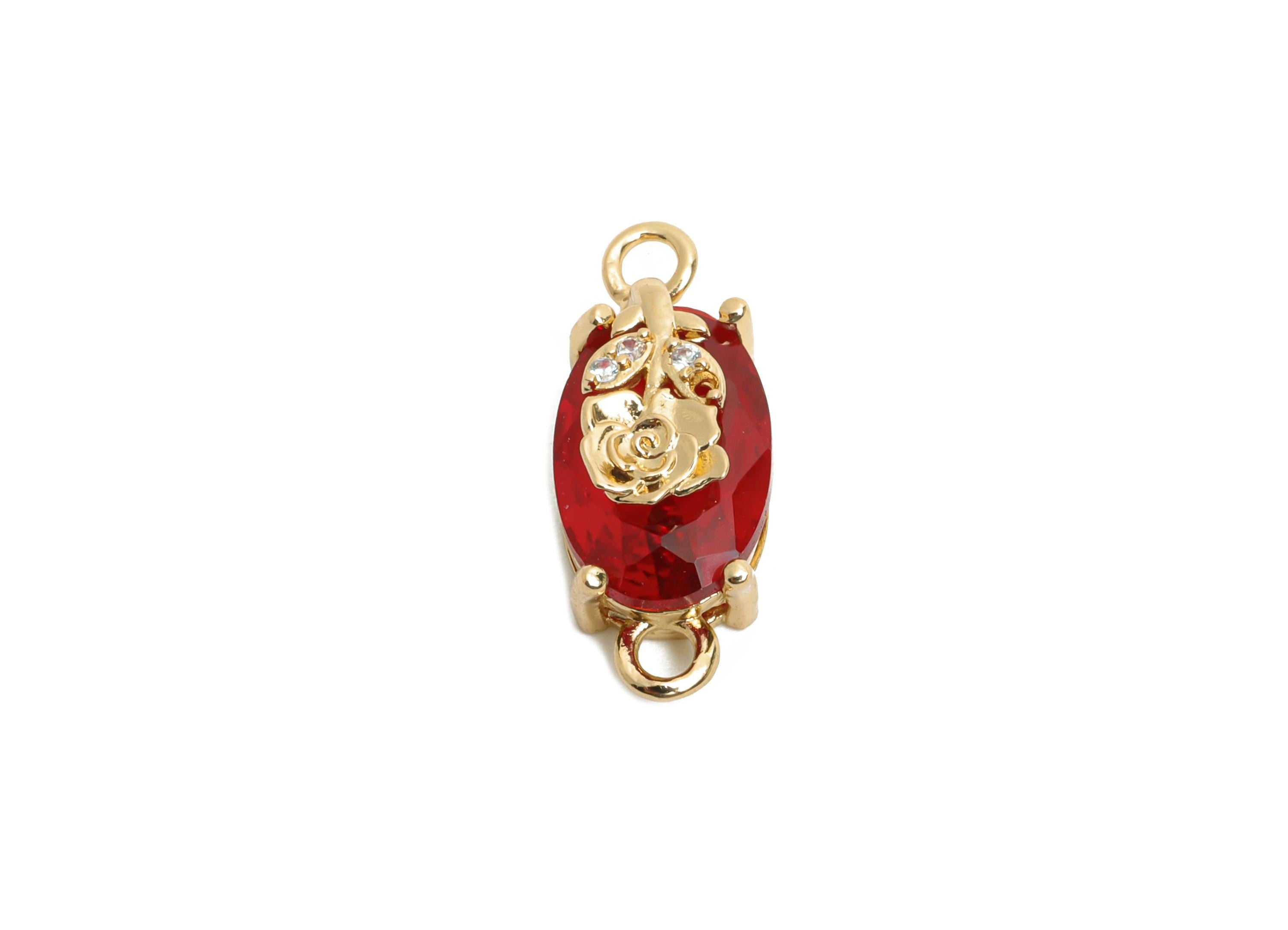 Red Crystal Rose Connector - Faceted Oval Glass with Rose Connector - Brass Romantic Jewelry - KC Gold Tone Plated - 19x8x6.52mm- GS1296 - DOMEDBAZAAR