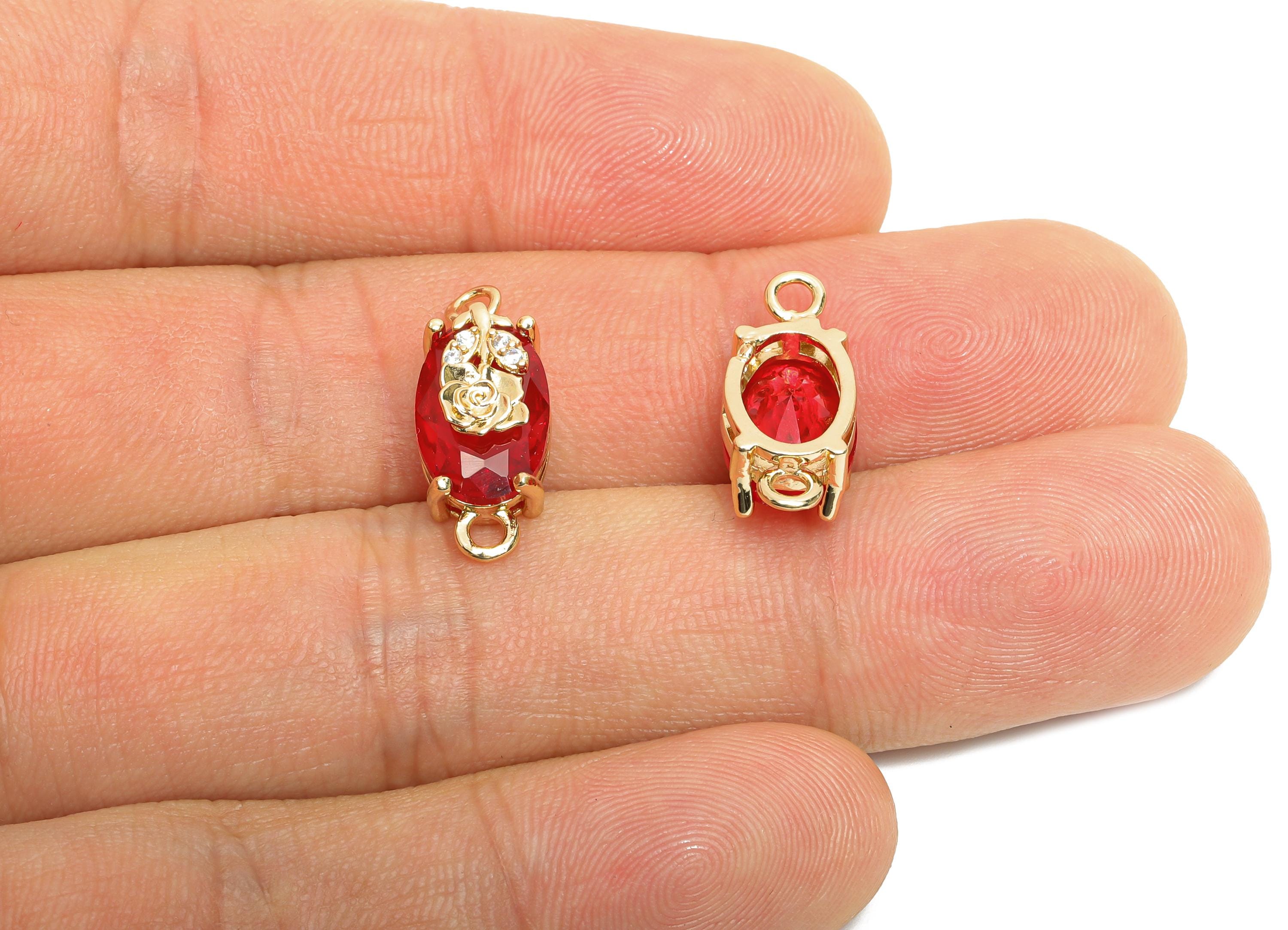 Red Crystal Rose Connector - Faceted Oval Glass with Rose Connector - Brass Romantic Jewelry - KC Gold Tone Plated - 19x8x6.52mm- GS1296 - DOMEDBAZAAR
