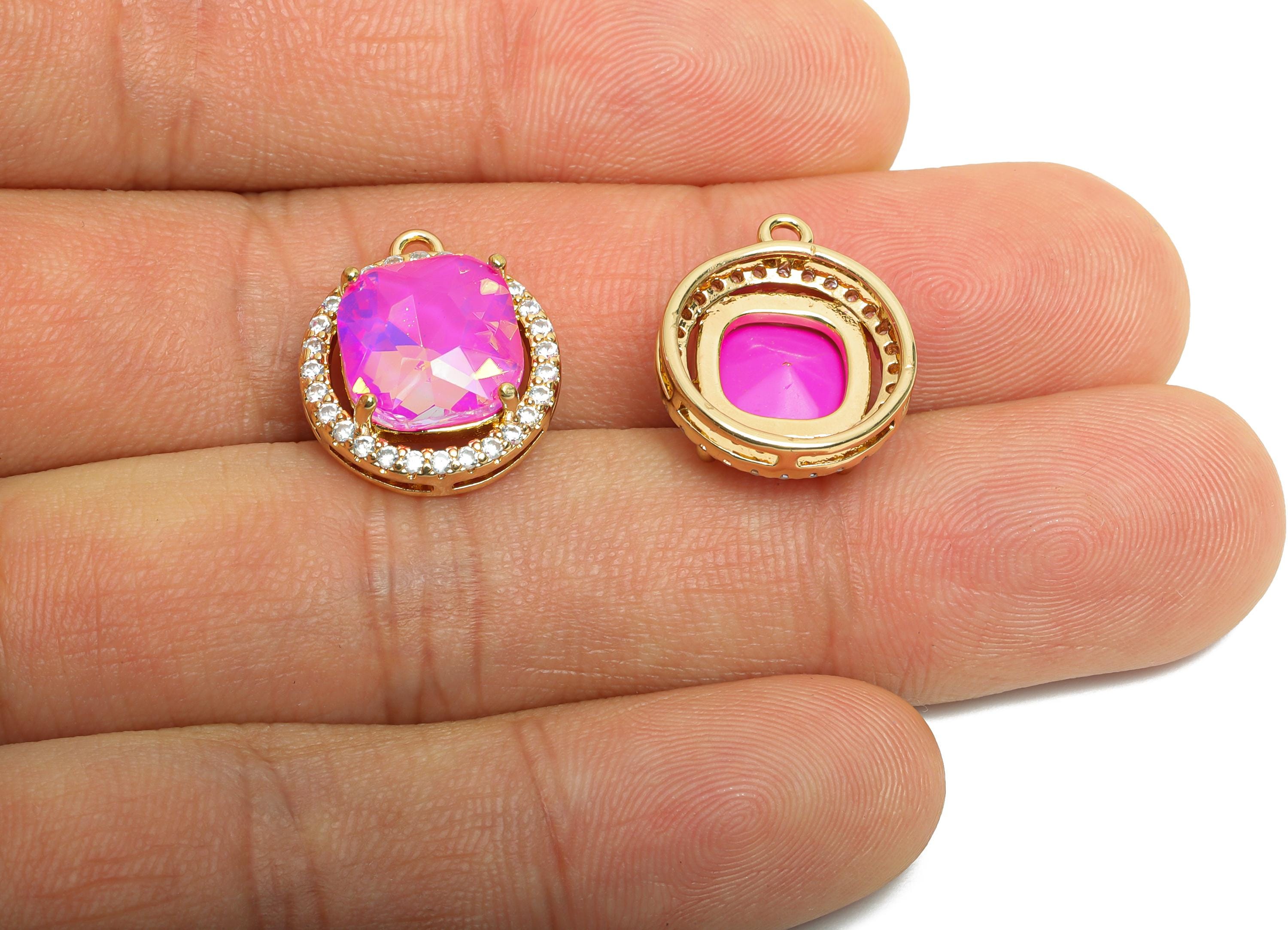Dainty Crystal Pink Charm - Luxury Crystal Necklace Charm - Sparkling Rhinestone Border Pendant - KC Gold Tone Plated - 17x15x6mm- GS1190 - DOMEDBAZAAR