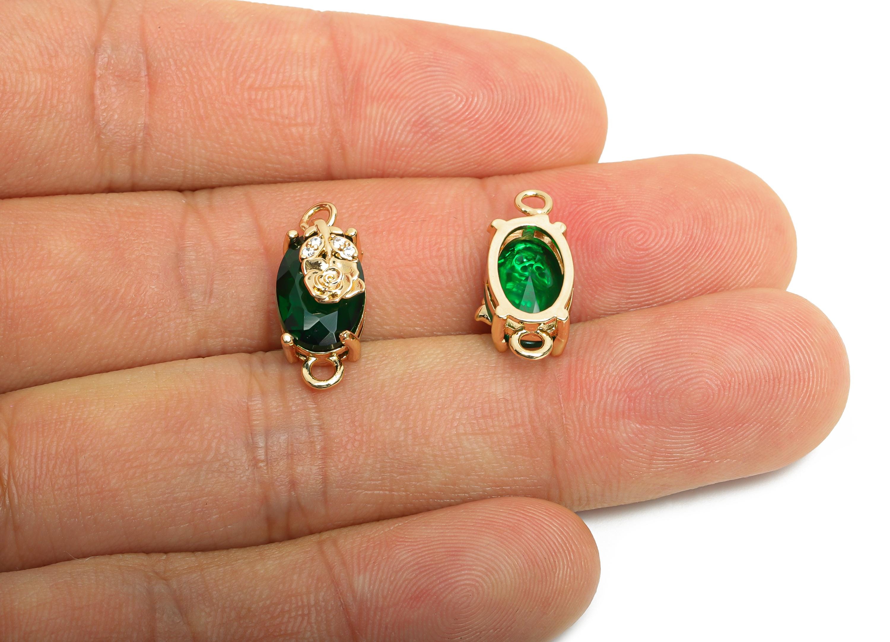 Green Crystal Rose Connector - Luxury Faceted Oval Glass Connector with Zircon - Romantic Jewelry - KC Gold Plated Brass -19x8x6.5mm -GS1300 - DOMEDBAZAAR