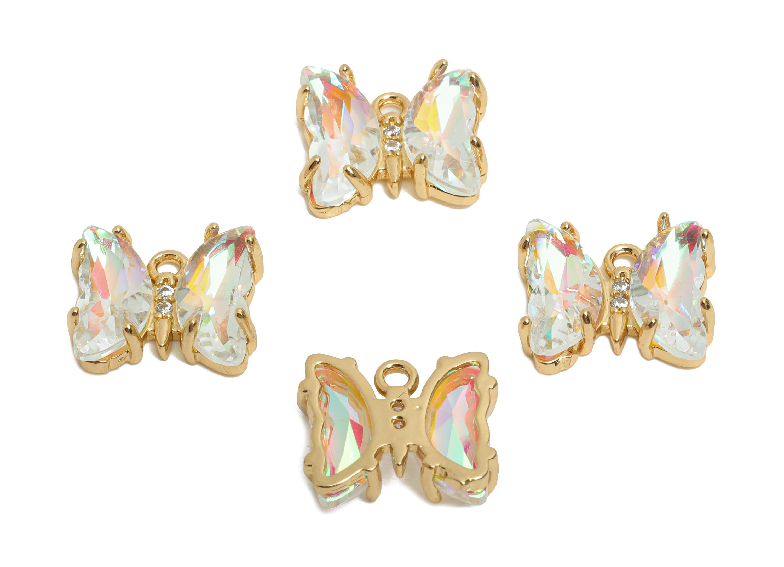 Butterfly Crystal Charm - Colorful Glass Zircon Necklace Pendant - Jewelry Component - KC Gold Tone Plated Brass - 12.44x10.35x3.4mm -GS1249 - DOMEDBAZAAR
