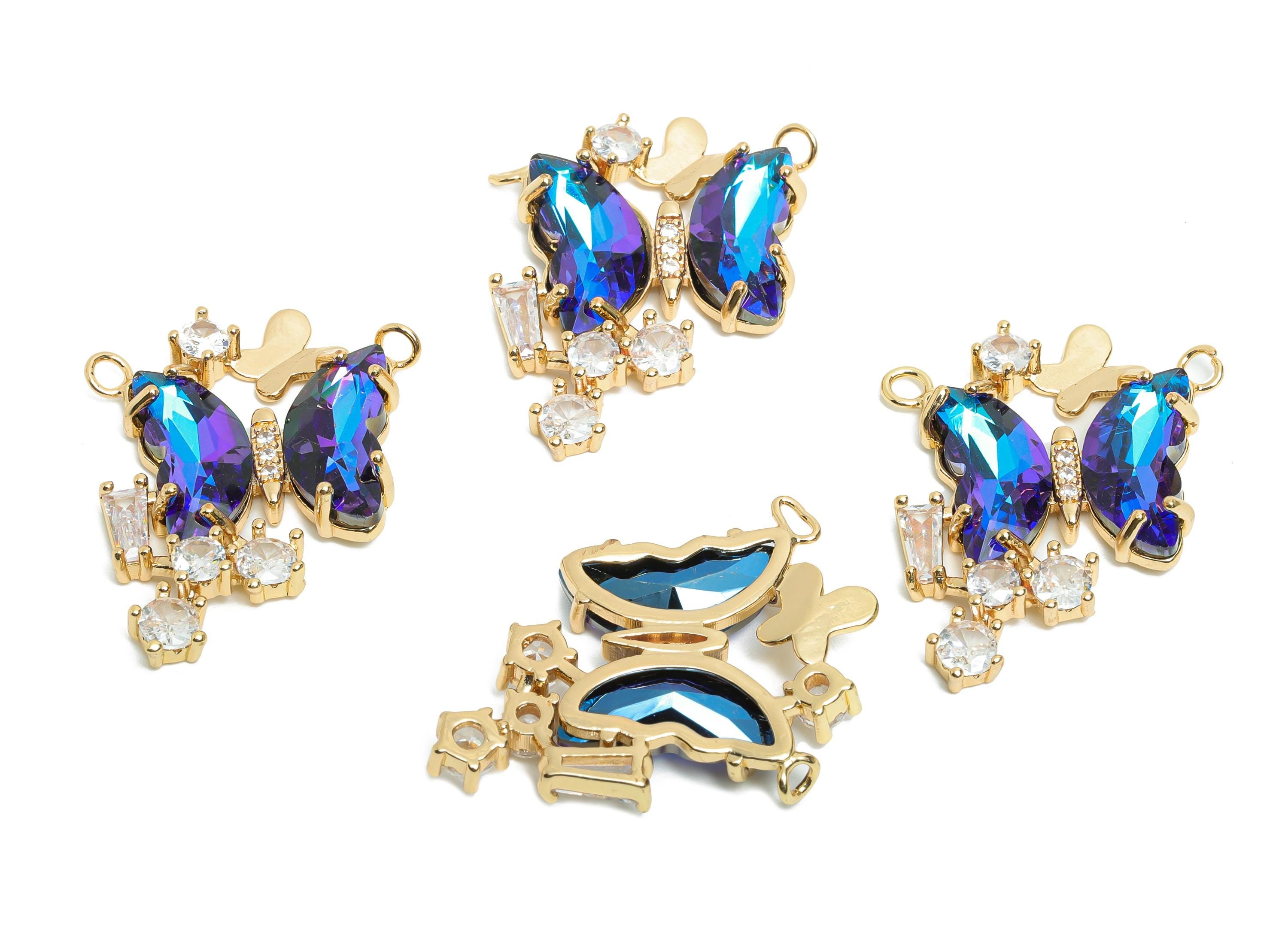Brass Butterfly Crystal Pendant - Rhinestone Pendant For Necklace - Deep Blue Butterfly Jewelry - KC Gold Tone Plated - 27x22x4mm - GS1177 - DOMEDBAZAAR