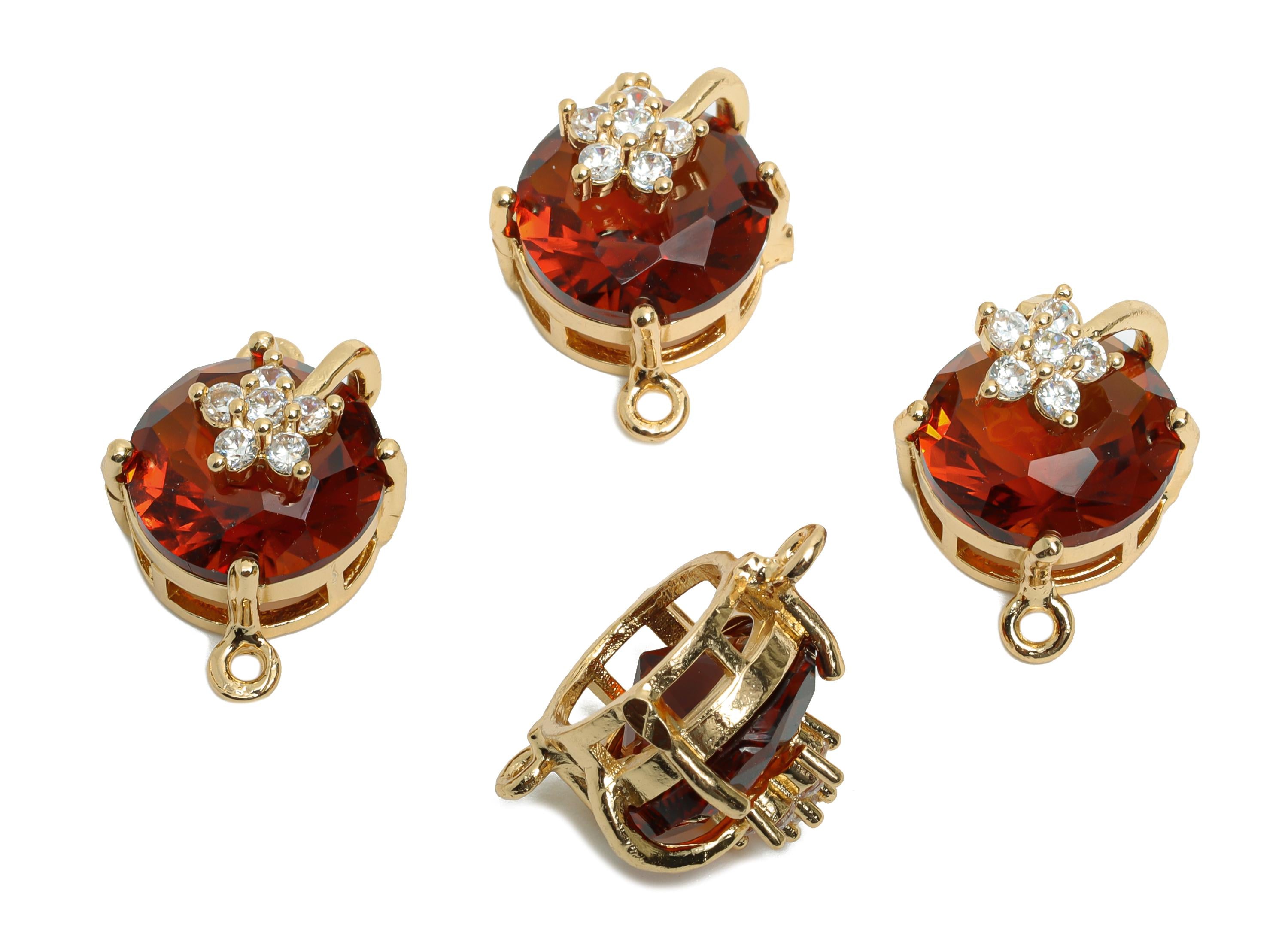 Round Garnet Crystal Connector - Brass Sparking Charm For Necklace - Faceted Stone with Flower - KC Gold Tone Plated - 20x13x12mm - GS1288 - DOMEDBAZAAR