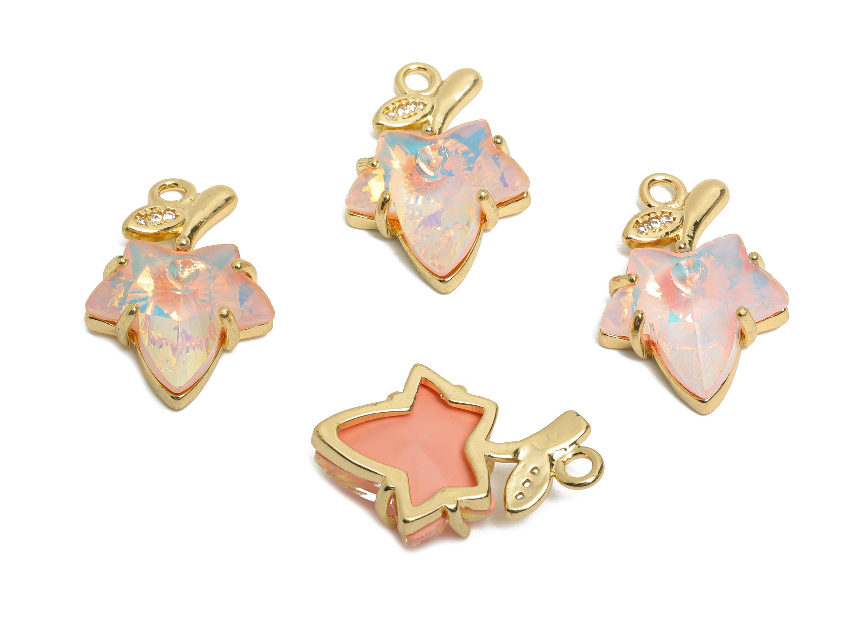 Maple Leaf Crystal Charm - Pink Crystal Zircon Leaf Necklace Pendant - Sparkling Jewelry - KC Gold Tone Plated - 19.42x13.14x5.57mm - GS1180 - DOMEDBAZAAR