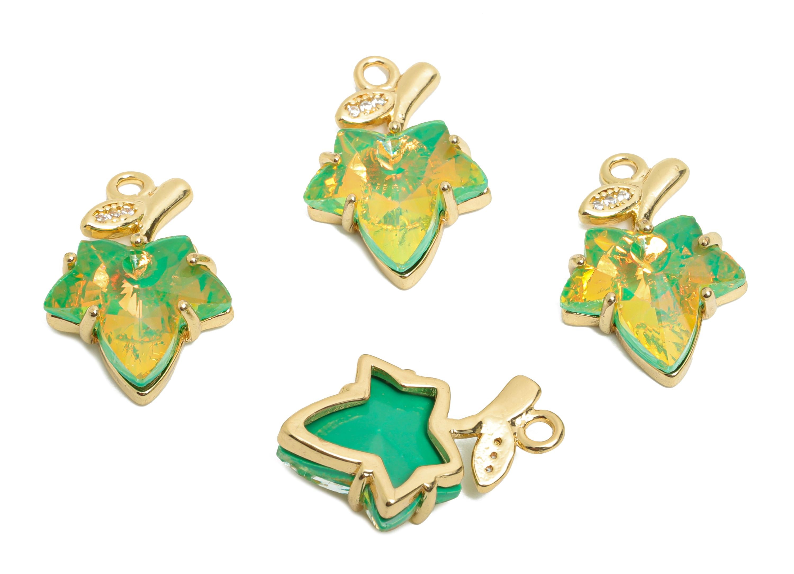 Maple Leaf Crystal Charm - Green Crystal Zircon Leaf Necklace Pendant - Sparkling Jewelry - KC Gold Tone Plated - 19.4x13.14x5.57mm - GS1182 - DOMEDBAZAAR
