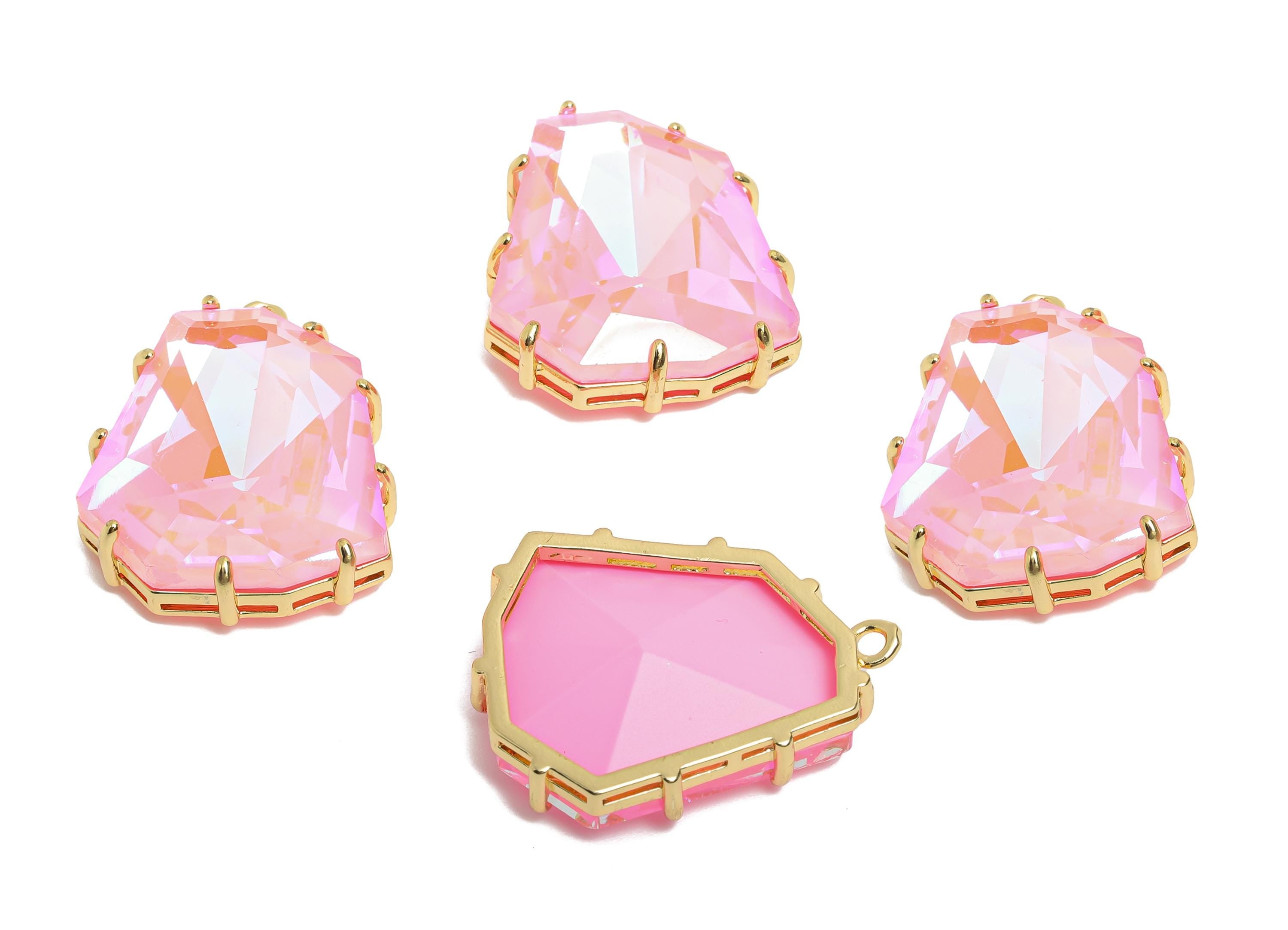 Pink Crystal Pendant - Brass Faceted Gradient Stone Pendant - Dainty Geometry Gradient Glass - KC Gold Tone Plated - 29x22x8mm - GS1202 - DOMEDBAZAAR