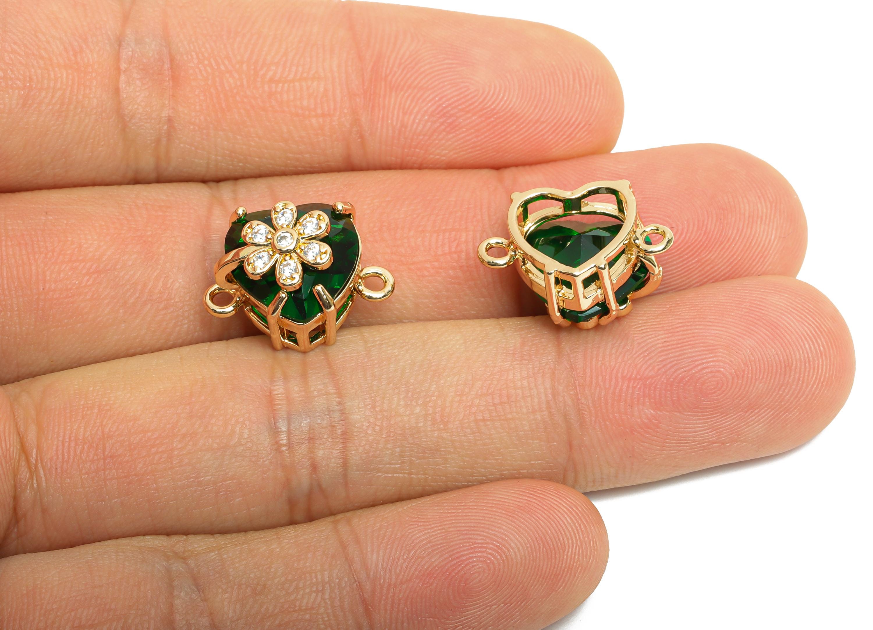 Brass Heart Crystal Connector - Green Sparking Charm For Necklace - Faceted Stone with Flower - KC Gold Tone Plated - 17x11x10mm - GS1222 - DOMEDBAZAAR