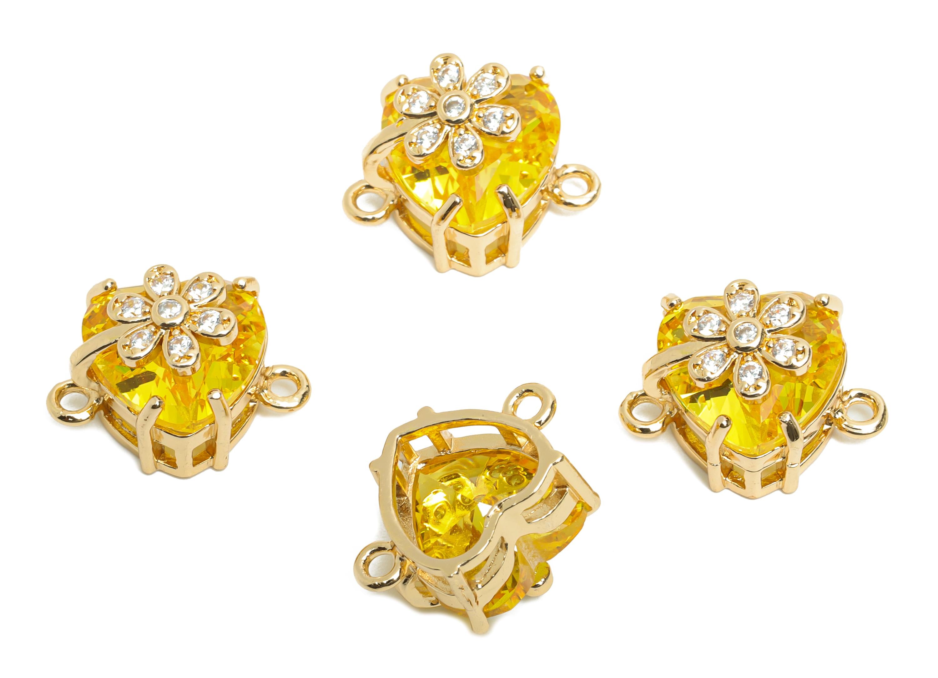 Brass Heart Crystal Connector - Yellow Sparking Charm For Necklace - Faceted Stone with Flower - KC Gold Tone Plated - 17x11x10mm - GS1223 - DOMEDBAZAAR