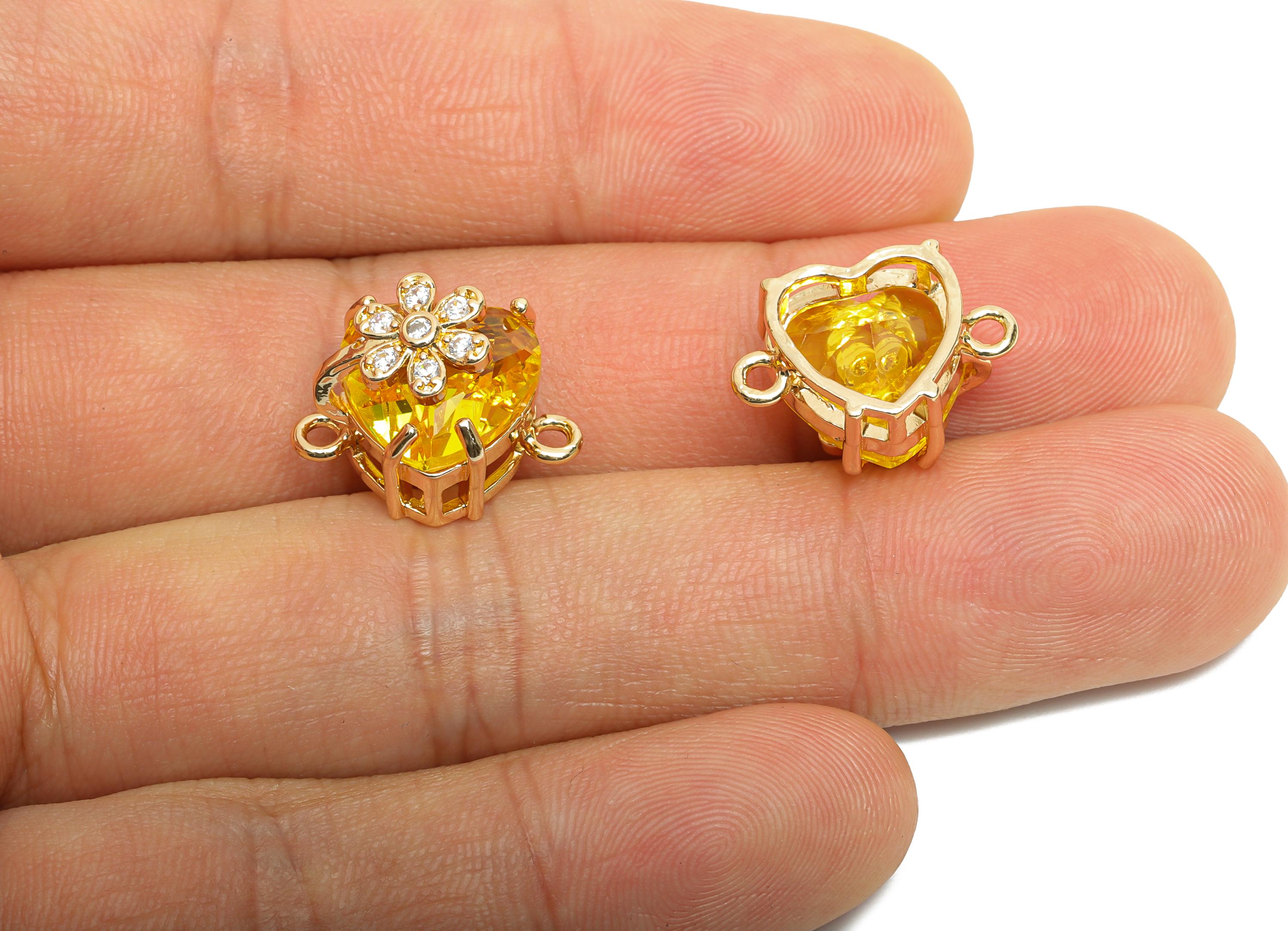 Brass Heart Crystal Connector - Yellow Sparking Charm For Necklace - Faceted Stone with Flower - KC Gold Tone Plated - 17x11x10mm - GS1223 - DOMEDBAZAAR
