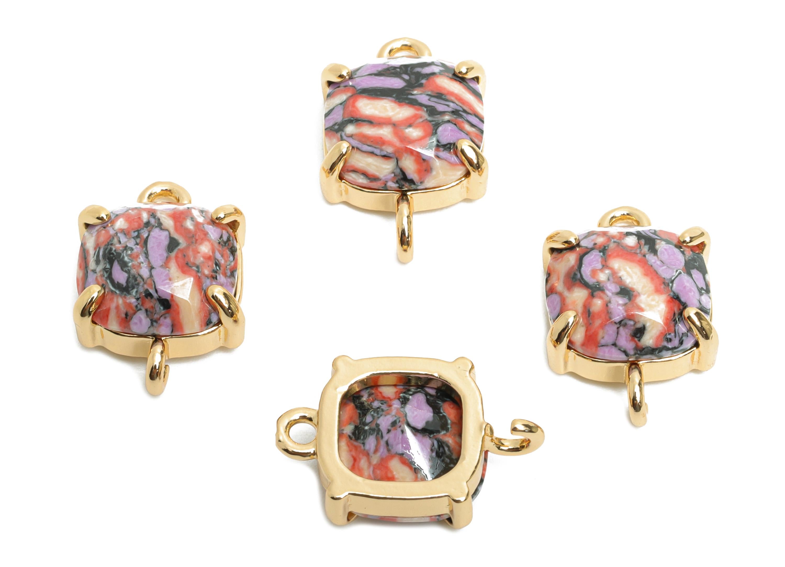 Square Glass Bracelet Connector - Brass Colorful Faceted Crystal Charm - Jewelry Component - KC Gold Tone Plated - 16.4x10x5.57mm - GS1241 - DOMEDBAZAAR