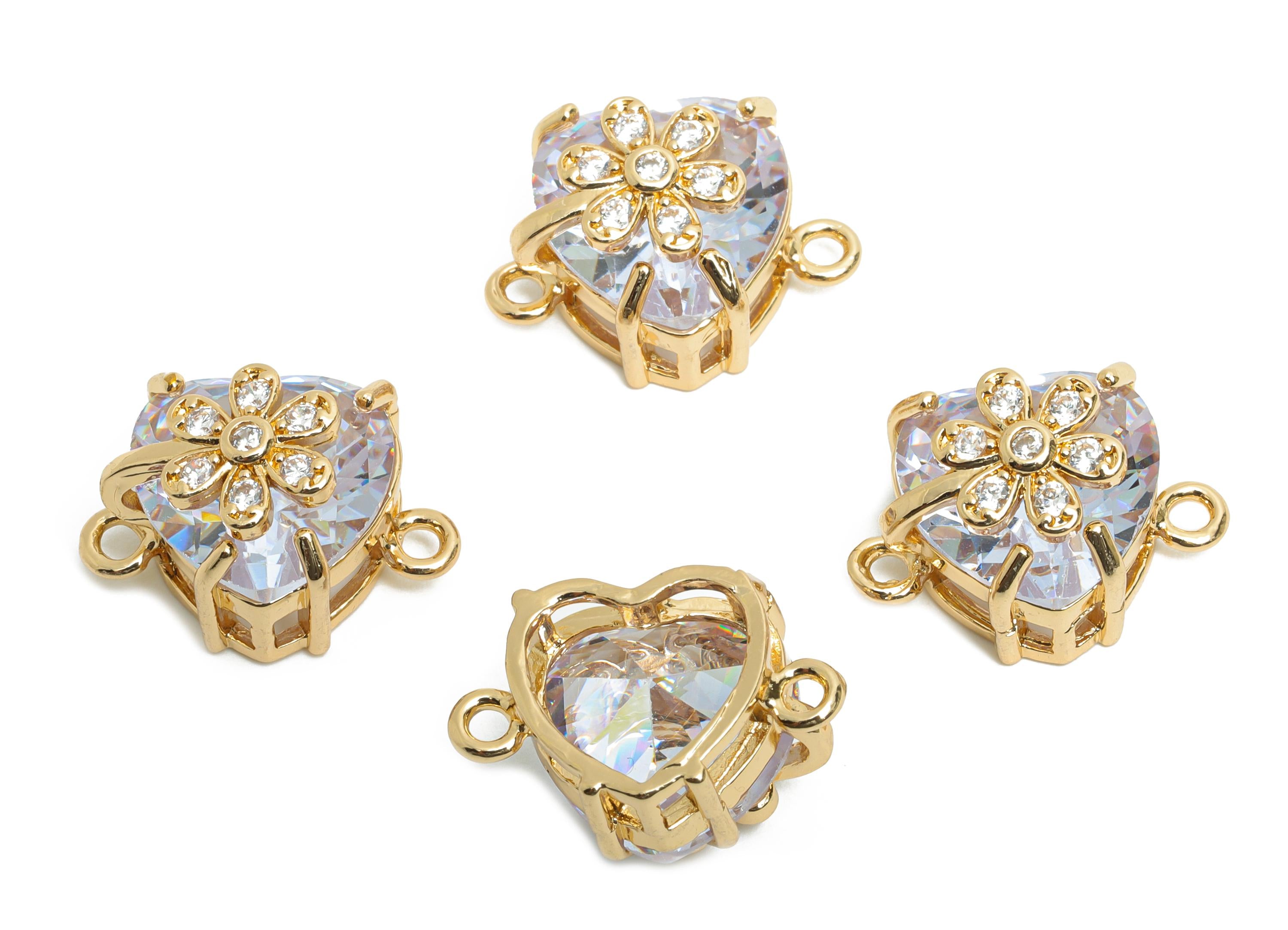 Brass Heart Crystal Connector - Dainty Sparking Charm For Necklace - Faceted Stone with Flower - KC Gold Tone Plated - 17x11x10mm - GS1221 - DOMEDBAZAAR