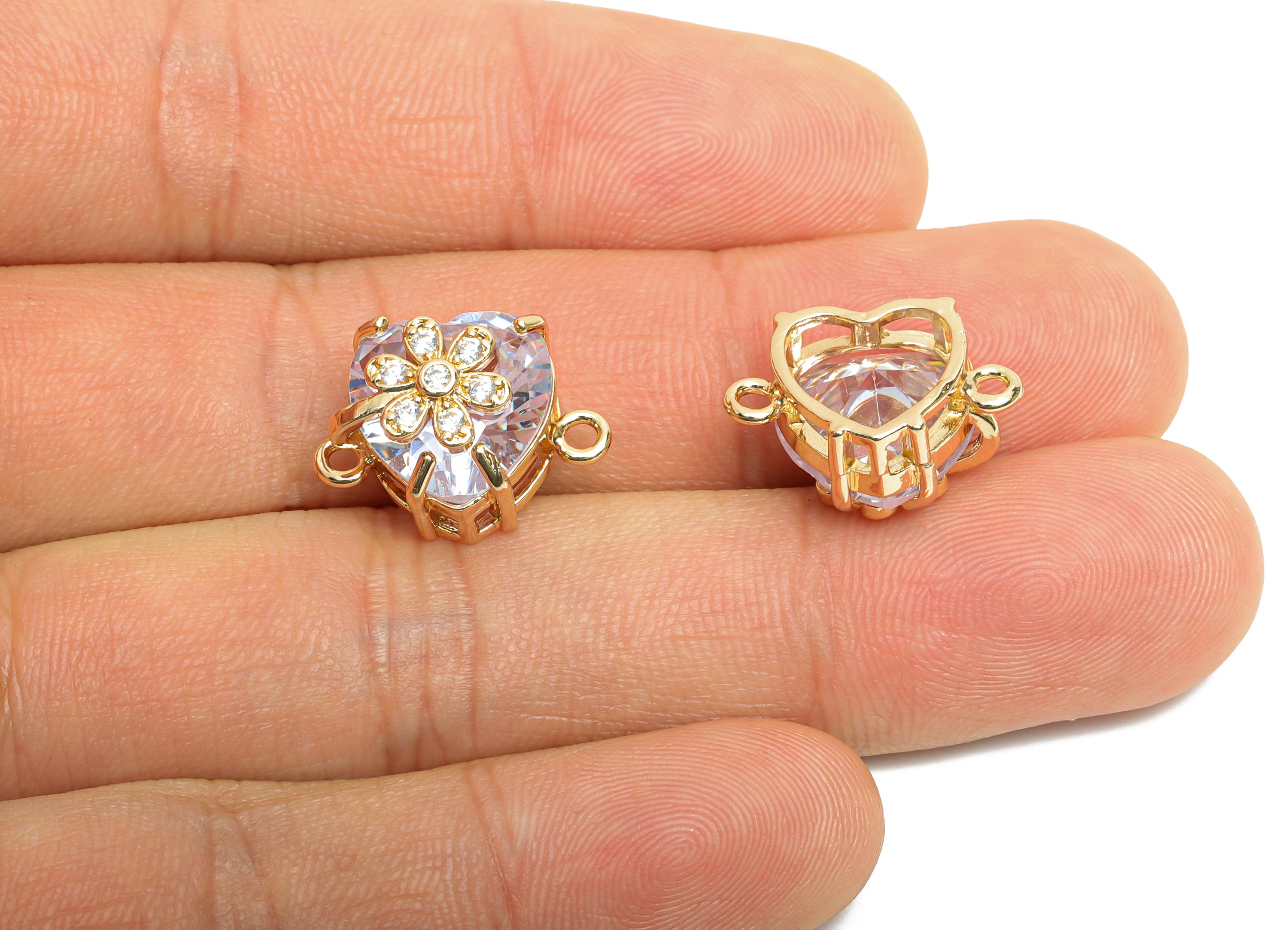 Brass Heart Crystal Connector - Dainty Sparking Charm For Necklace - Faceted Stone with Flower - KC Gold Tone Plated - 17x11x10mm - GS1221 - DOMEDBAZAAR